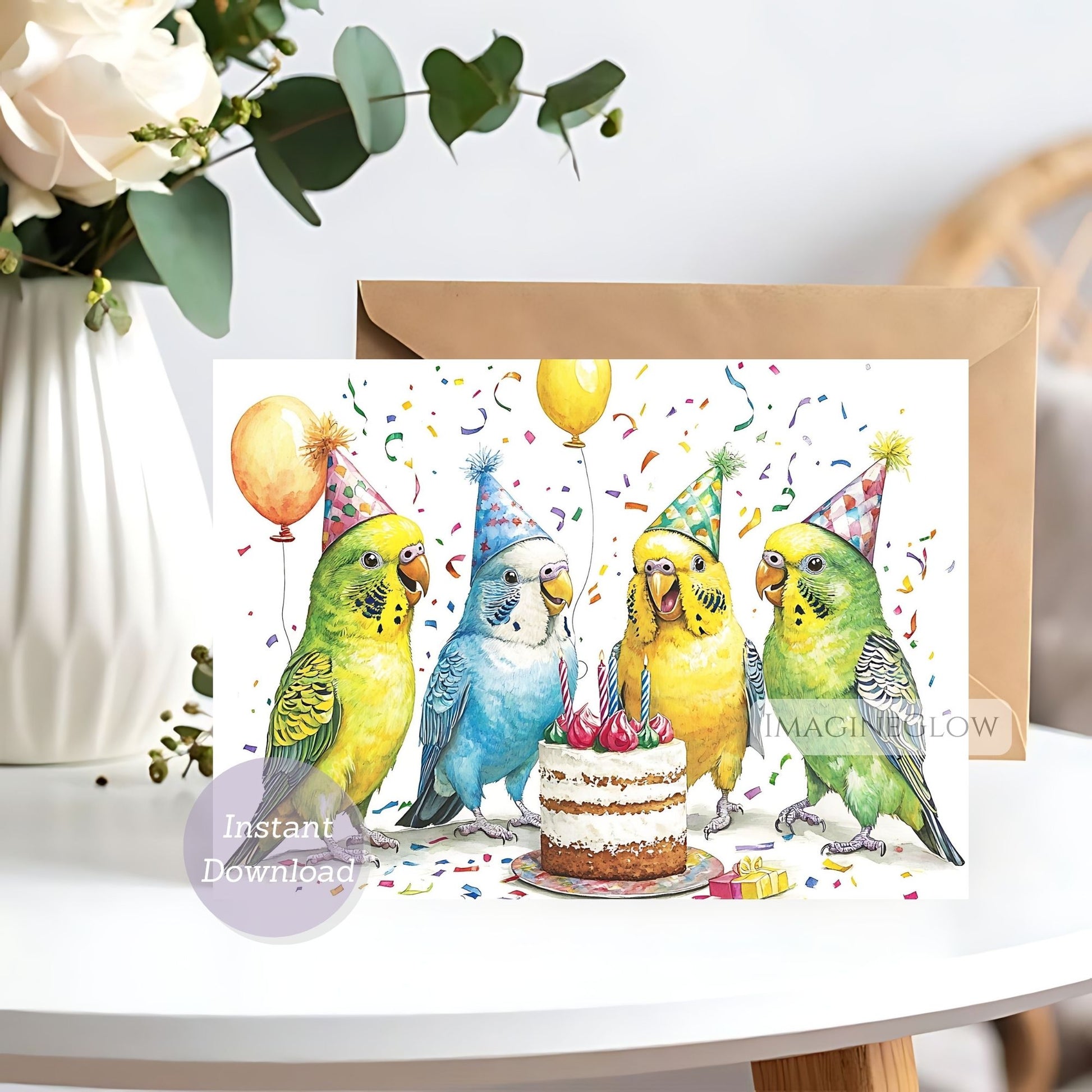Birthday card with colorful parrot illustrations and a cake.