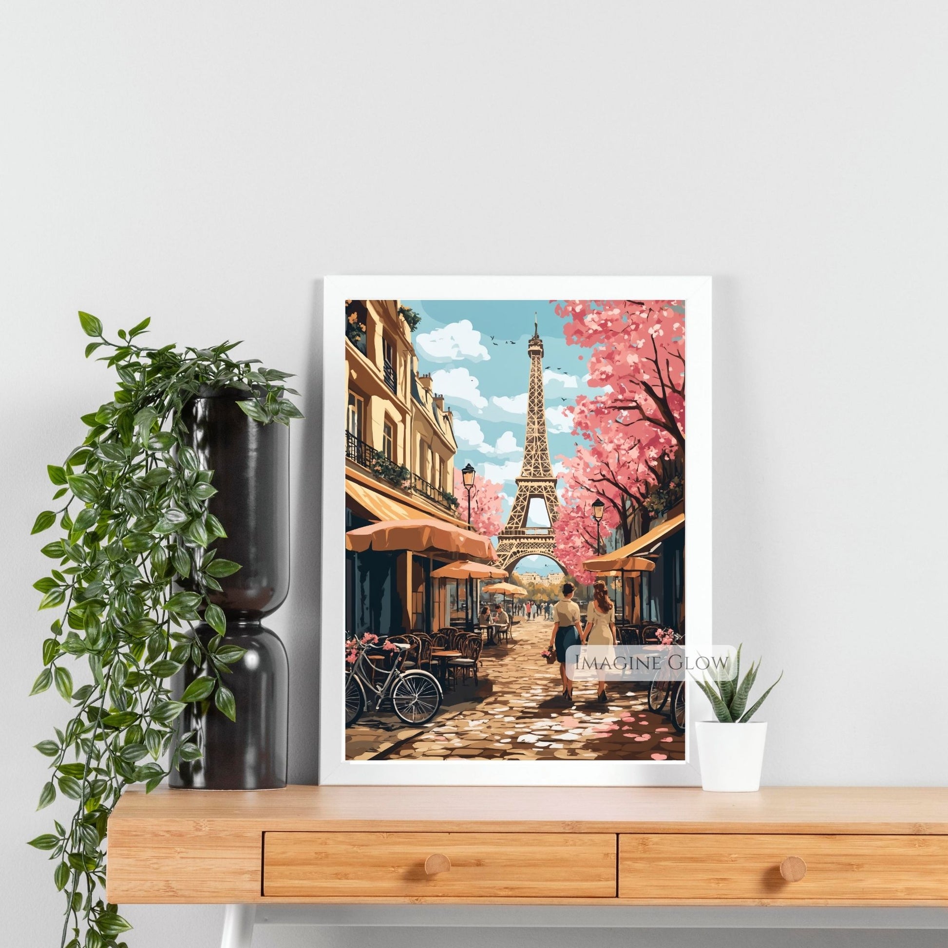 Paris wall art featuring Eiffel Tower and vibrant flowers.