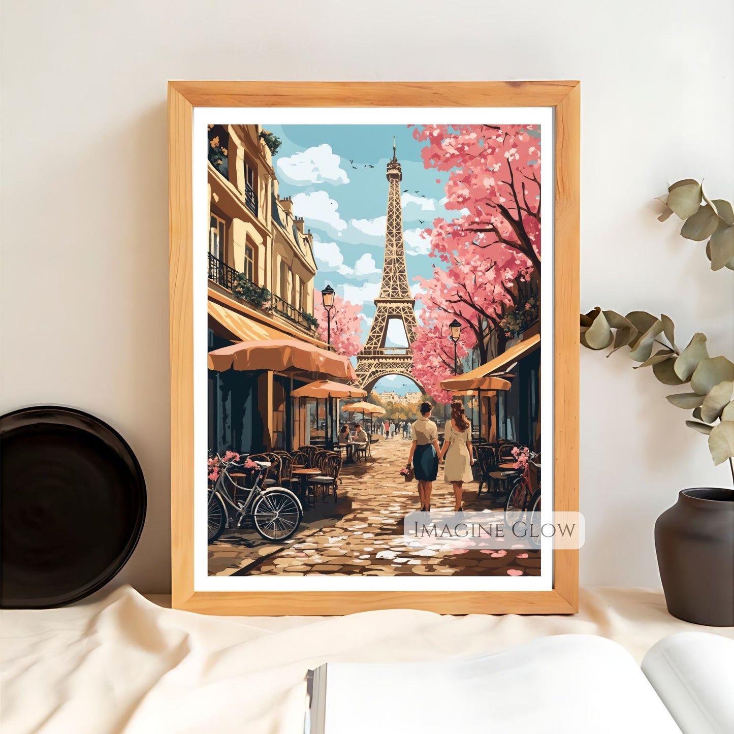 Romantic Paris art print featuring Eiffel Tower and flowers.