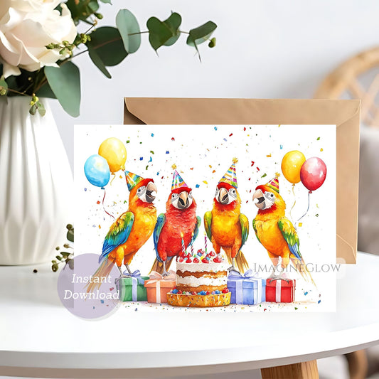 Greeting card with colorful parrots and birthday cake design