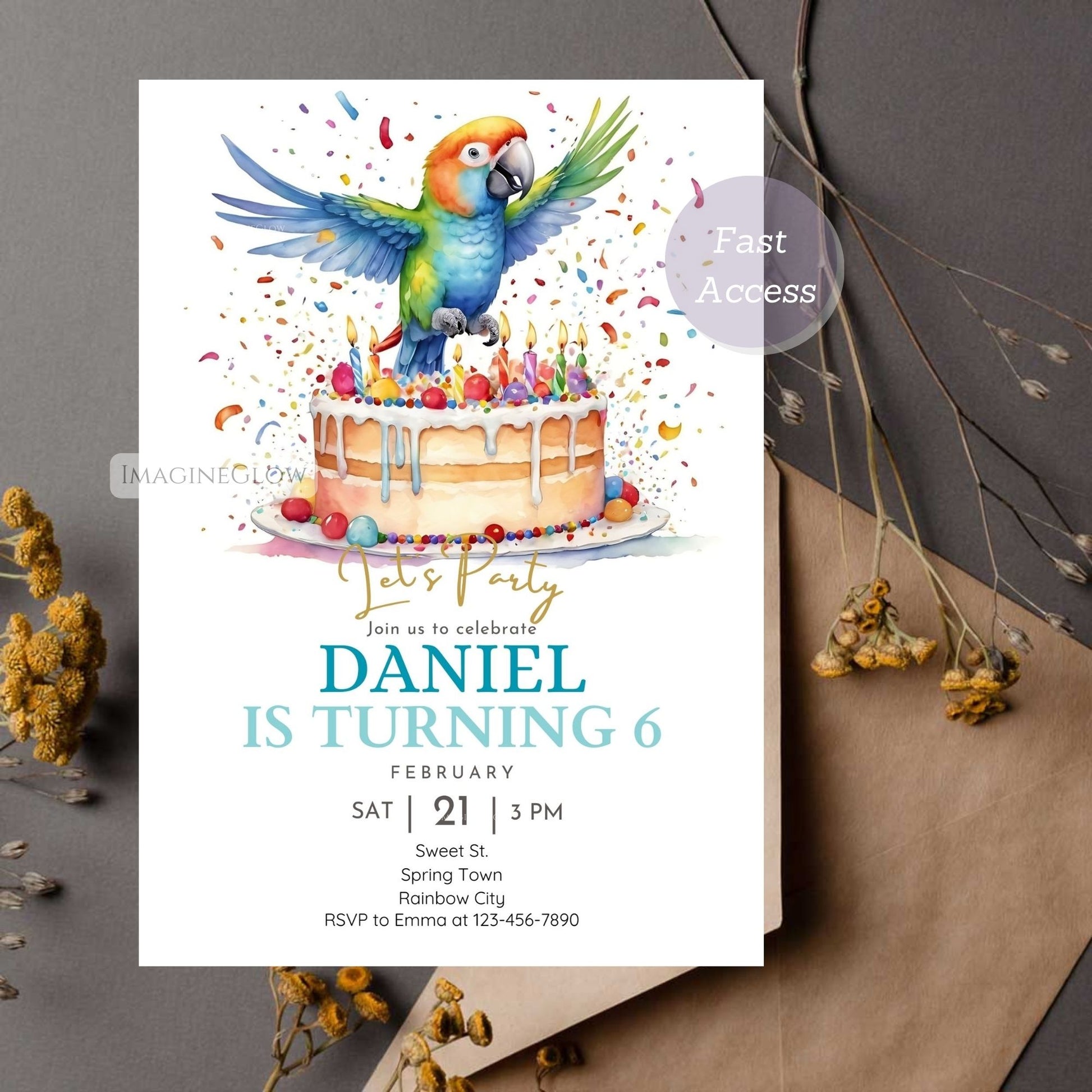 Colorful bird-themed party invite for a fun celebration.