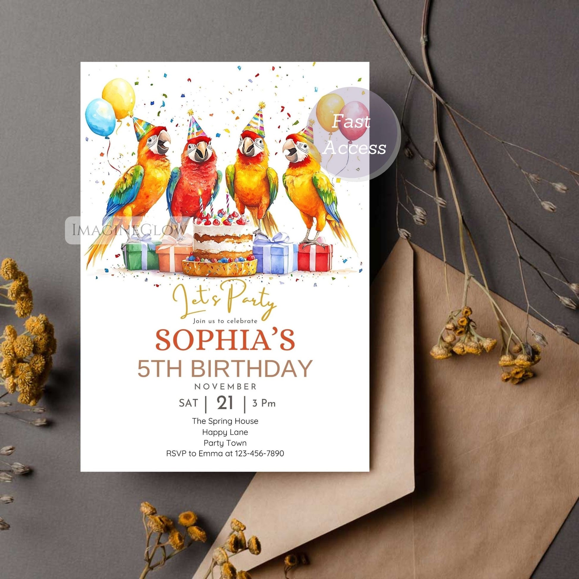 Exotic bird birthday invite for boys or girls