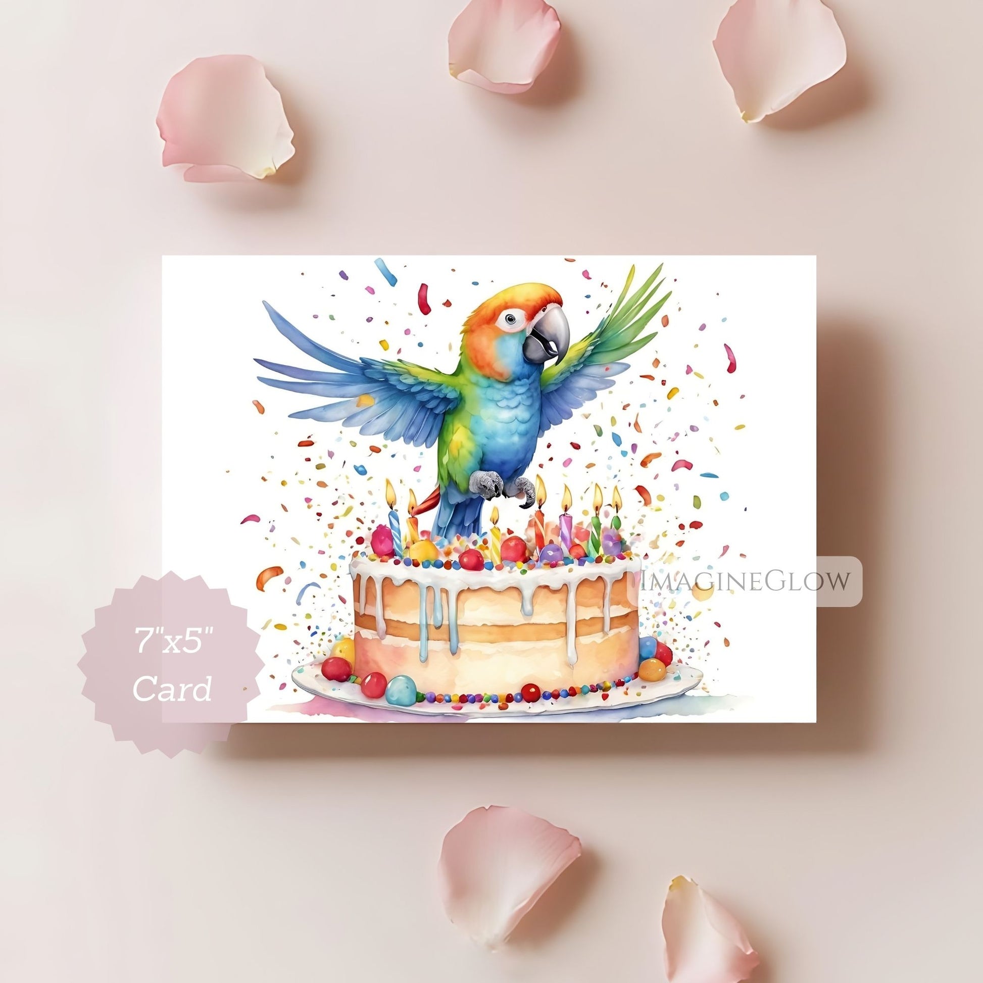 Card with a colorful parrot on a birthday cake surrounded by confetti on a white background.