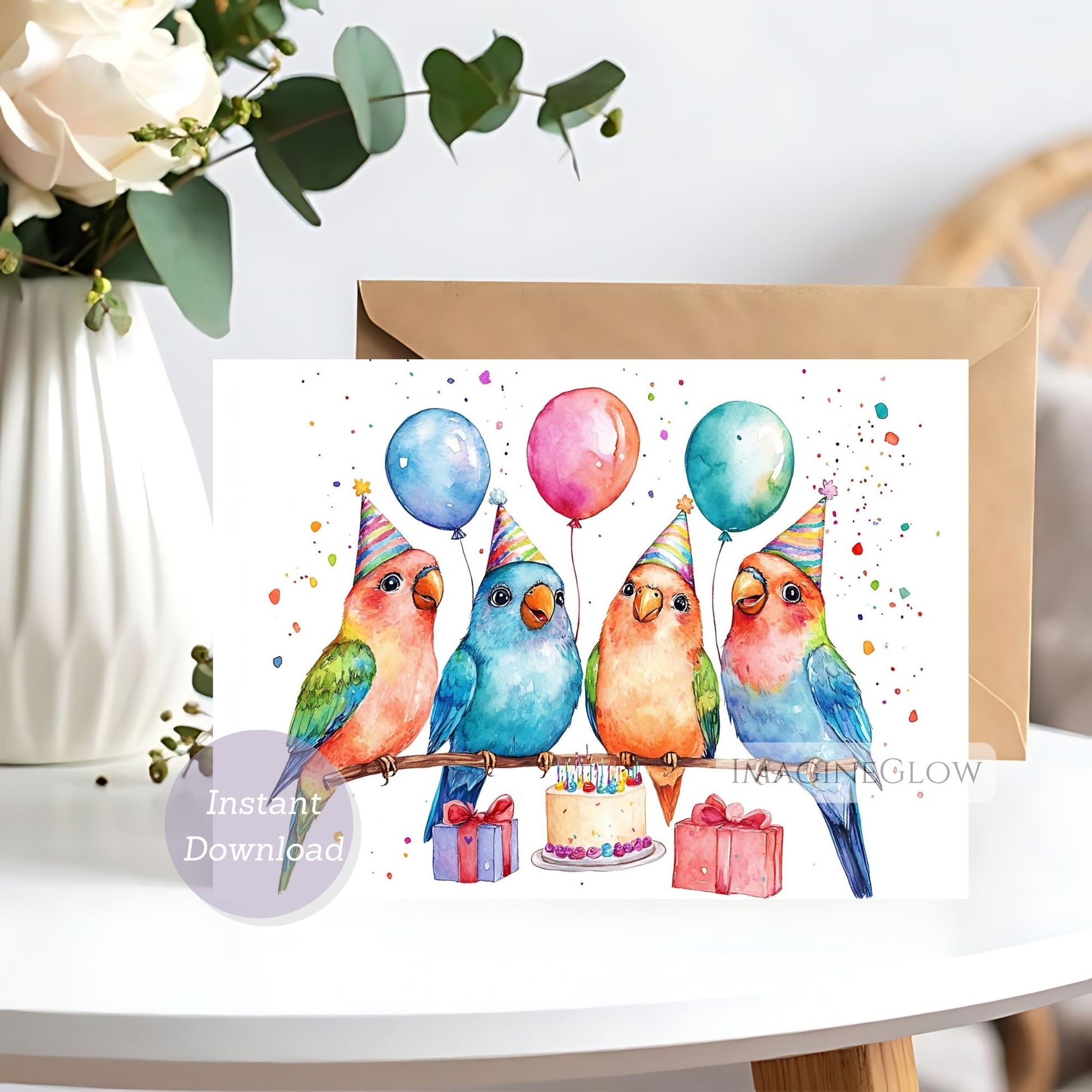 Birthday card with colorful birds wearing party hats and balloons on a white surface.