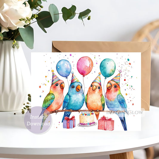 Birthday card with colorful birds wearing party hats and balloons on a white surface.