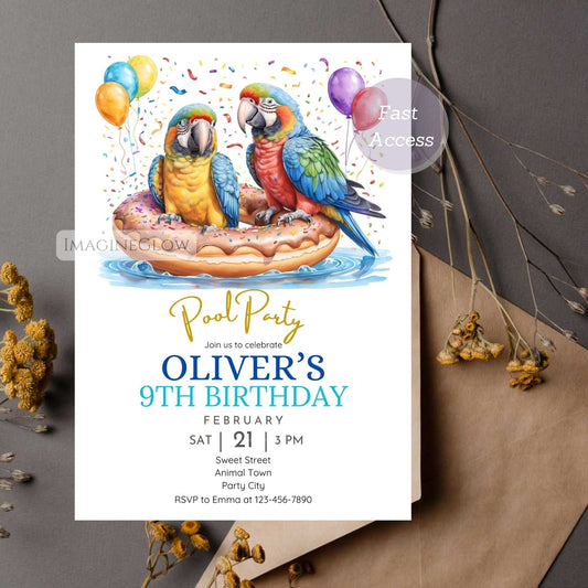 Editable parrot pool party invitation
