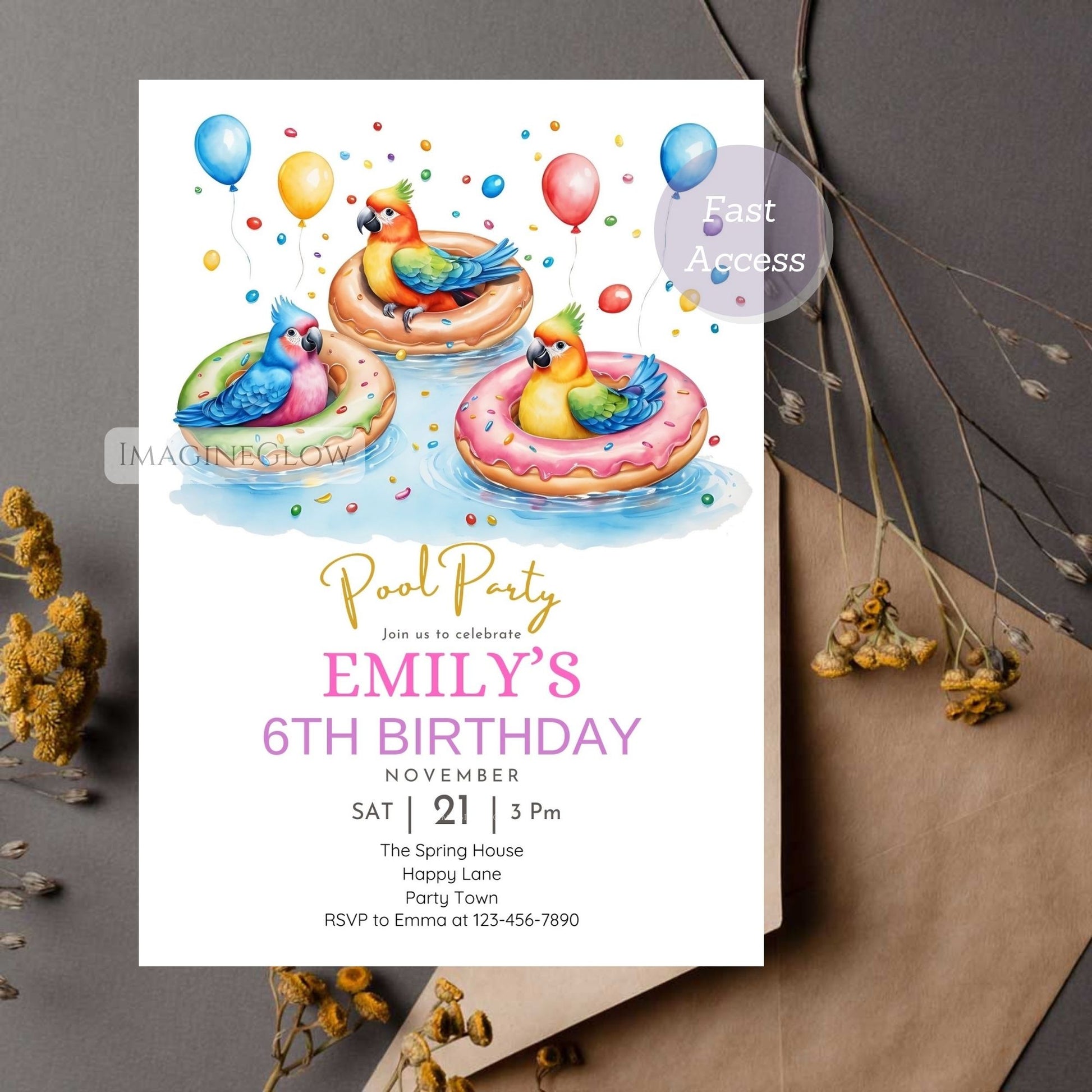 Parrots and tropical pool birthday invite