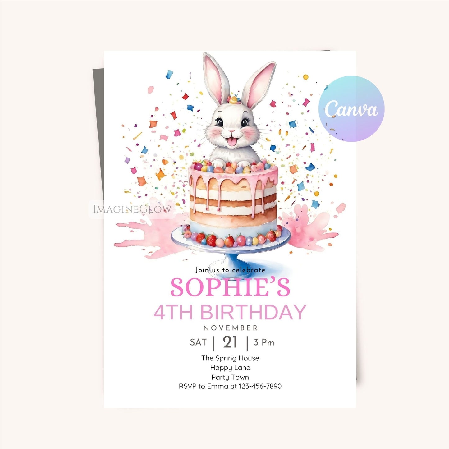 Sweet bunny birthday invitation with a festive design.