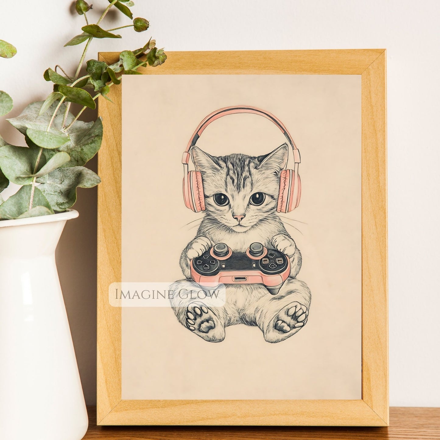 Feminine gaming decor featuring a cute cat