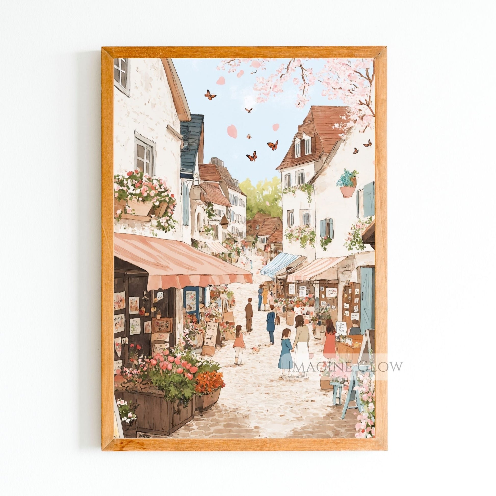 Picturesque cobblestone street with floral markets and bright blossoms.