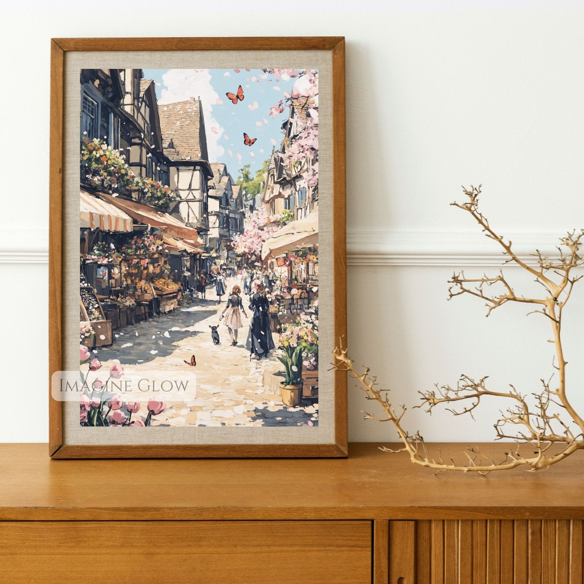 Beautiful flower market wall art with pastel shades and cobblestone streets.