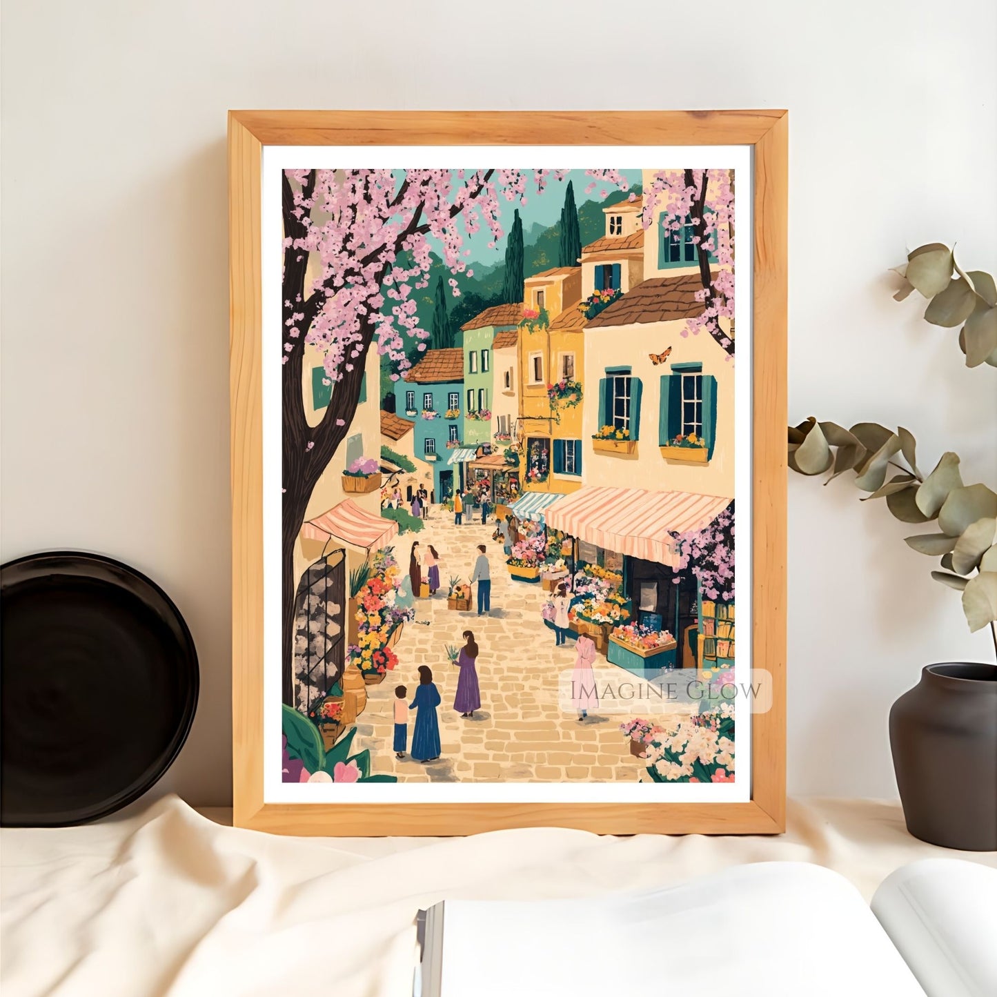 Blooming spring market with tulips, cherry blossoms, and European buildings.