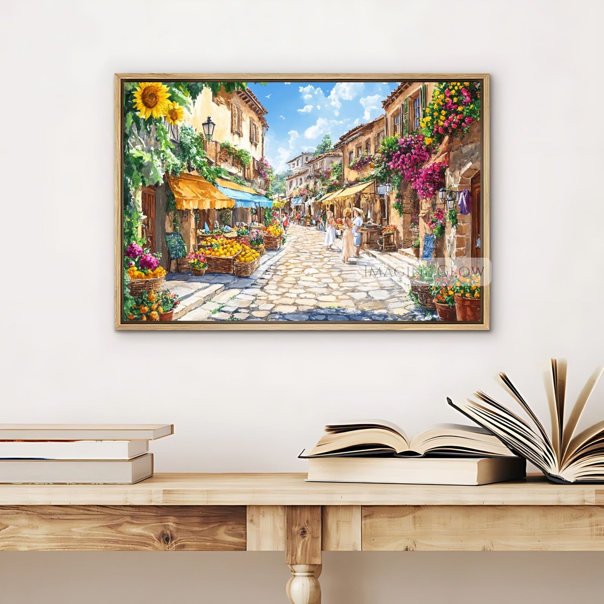 European-style cobblestone street with pastel buildings and flower stalls.