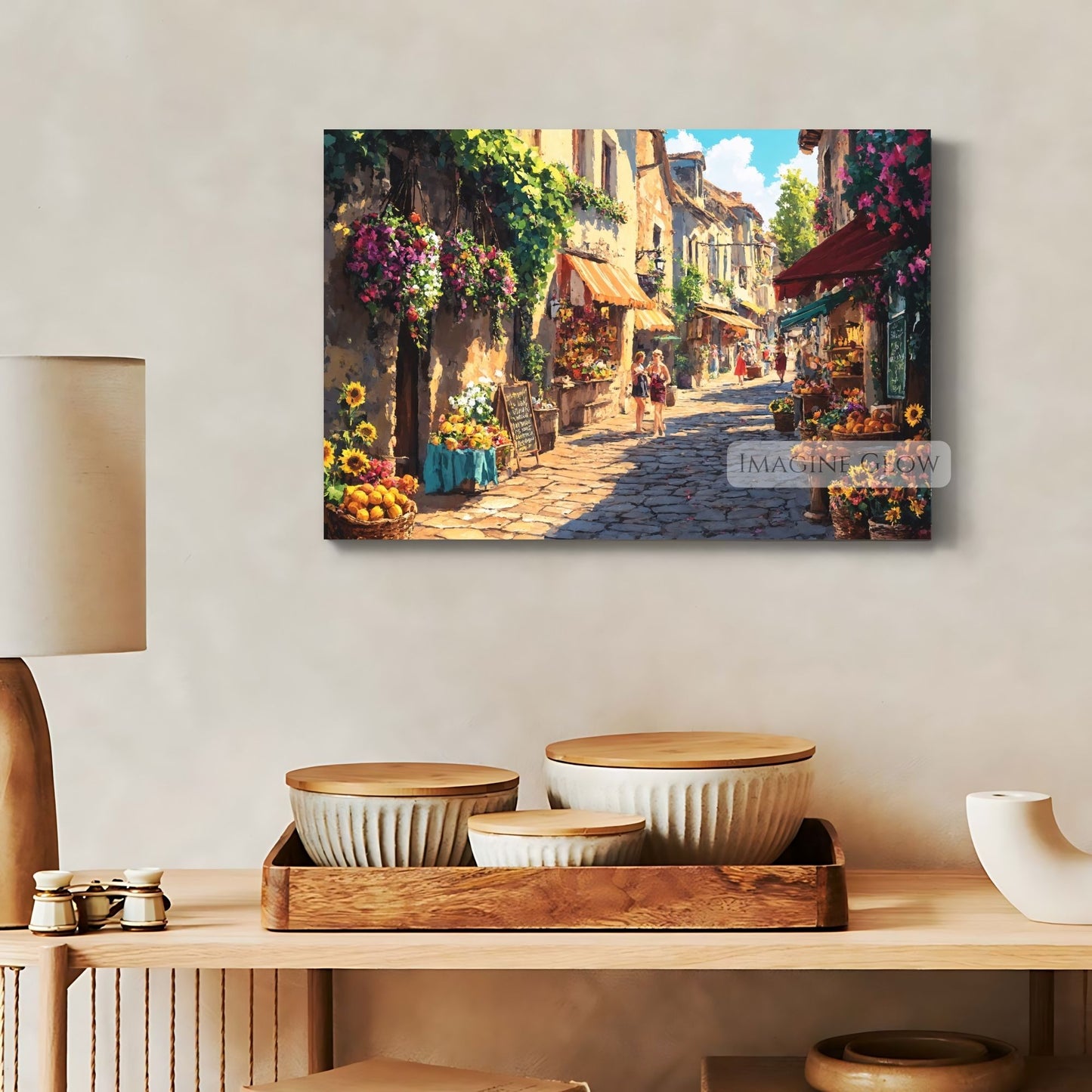 Hand-drawn summer town with blooming flowers and cobblestone roads.