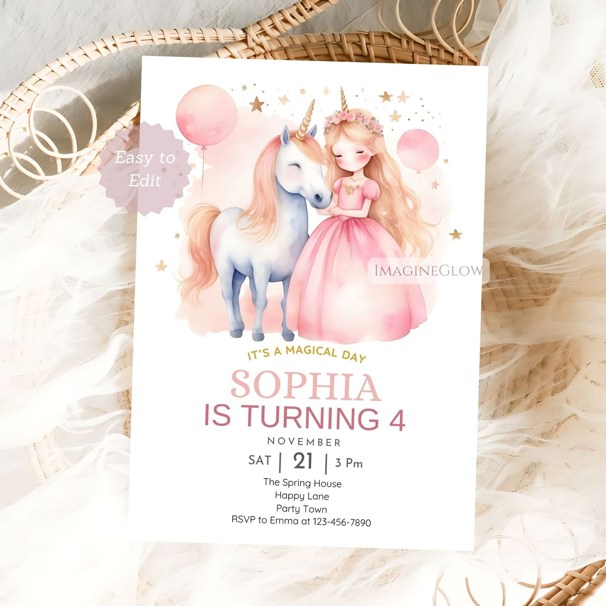 Unicorn & Little Princess birthday invitation with balloons