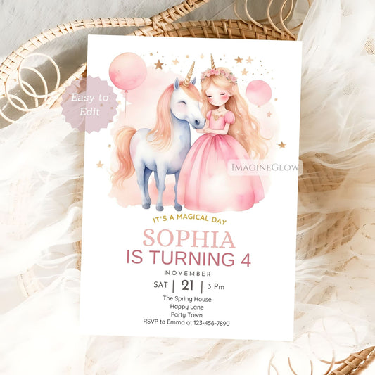 Unicorn & Little Princess birthday invitation with balloons