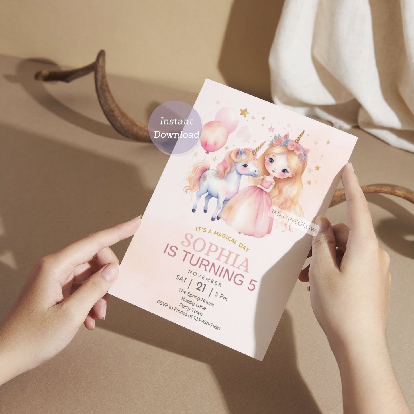Sparkly unicorn and little princess birthday invitation