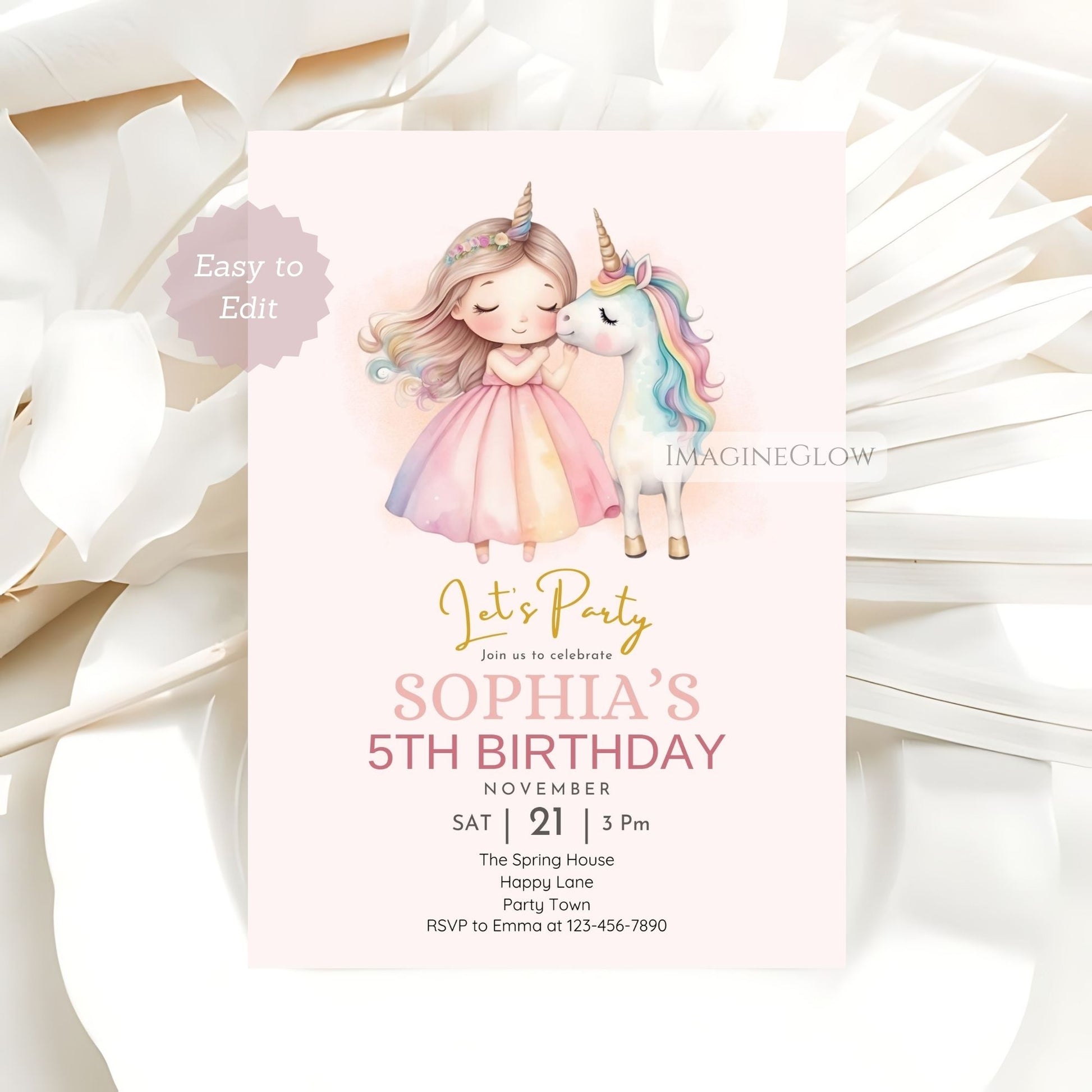 Magical little princess and unicorn party invite