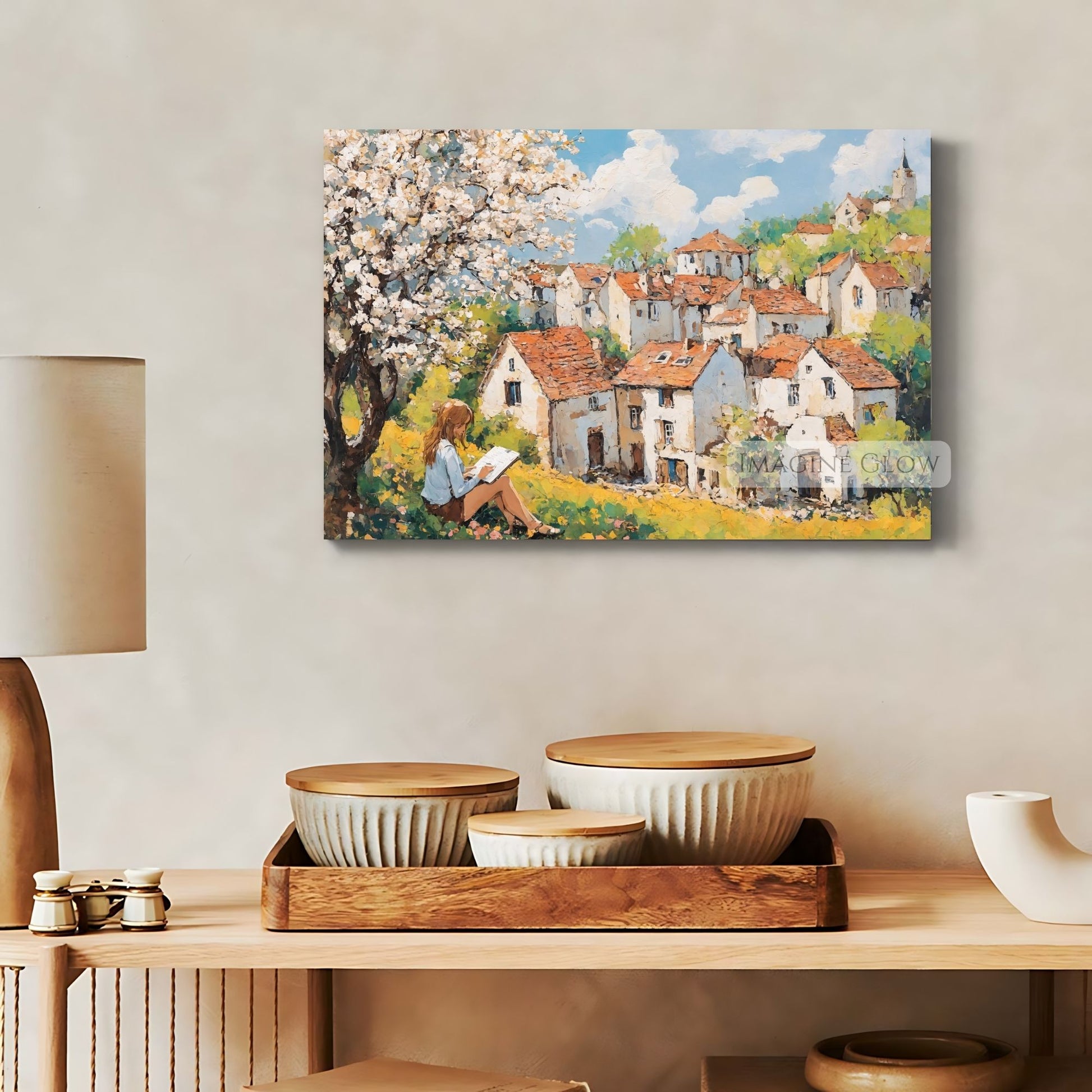 Serene spring scene featuring a woman and blooming cherry blossoms.