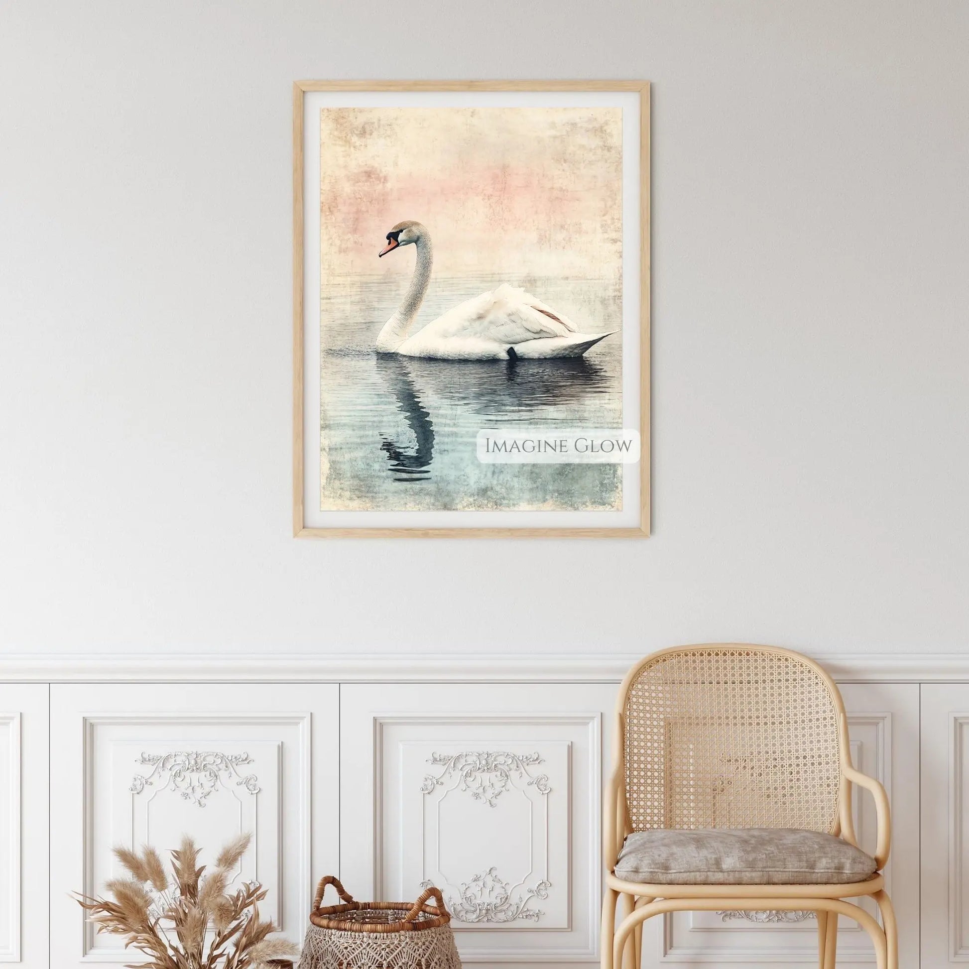Antique watercolor swan on lake nature print