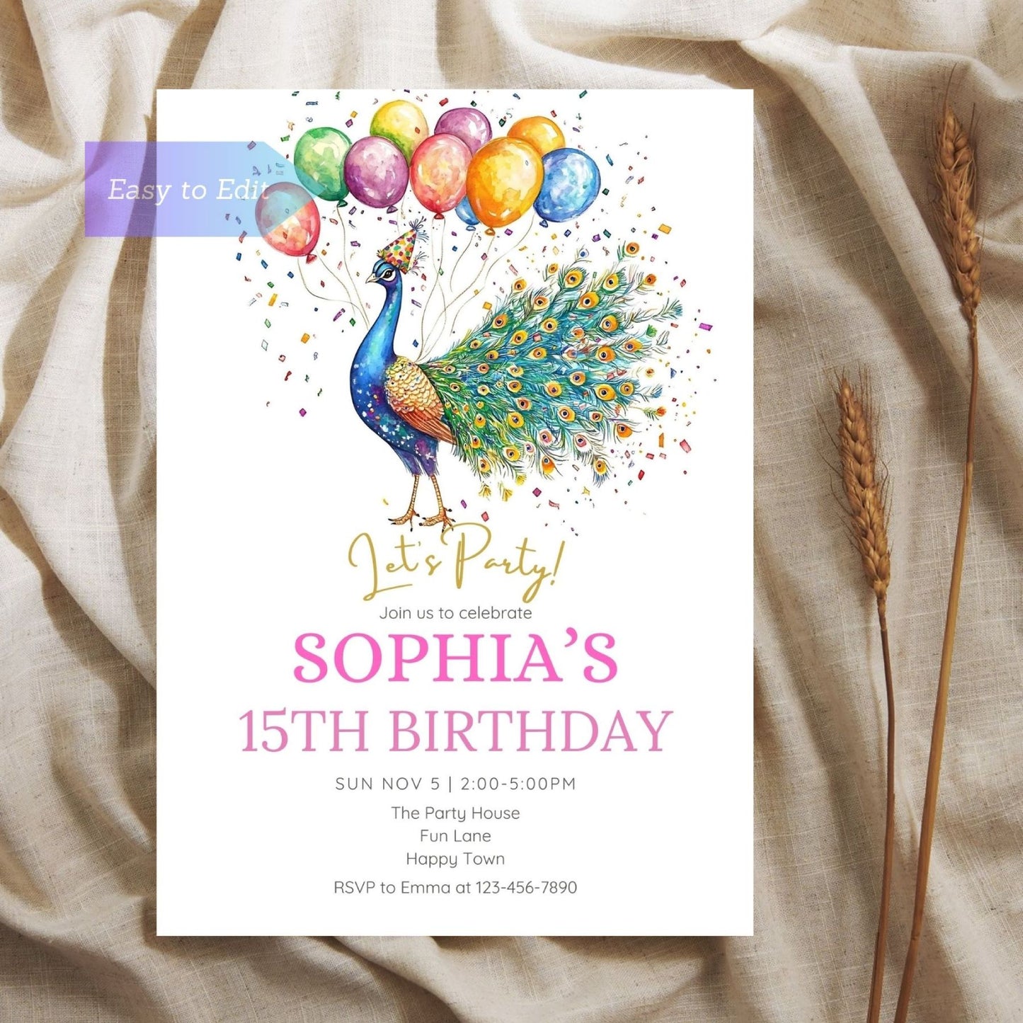 Graceful peacock party invite for animal-themed kids party