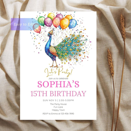 Graceful peacock party invite for animal-themed kids party