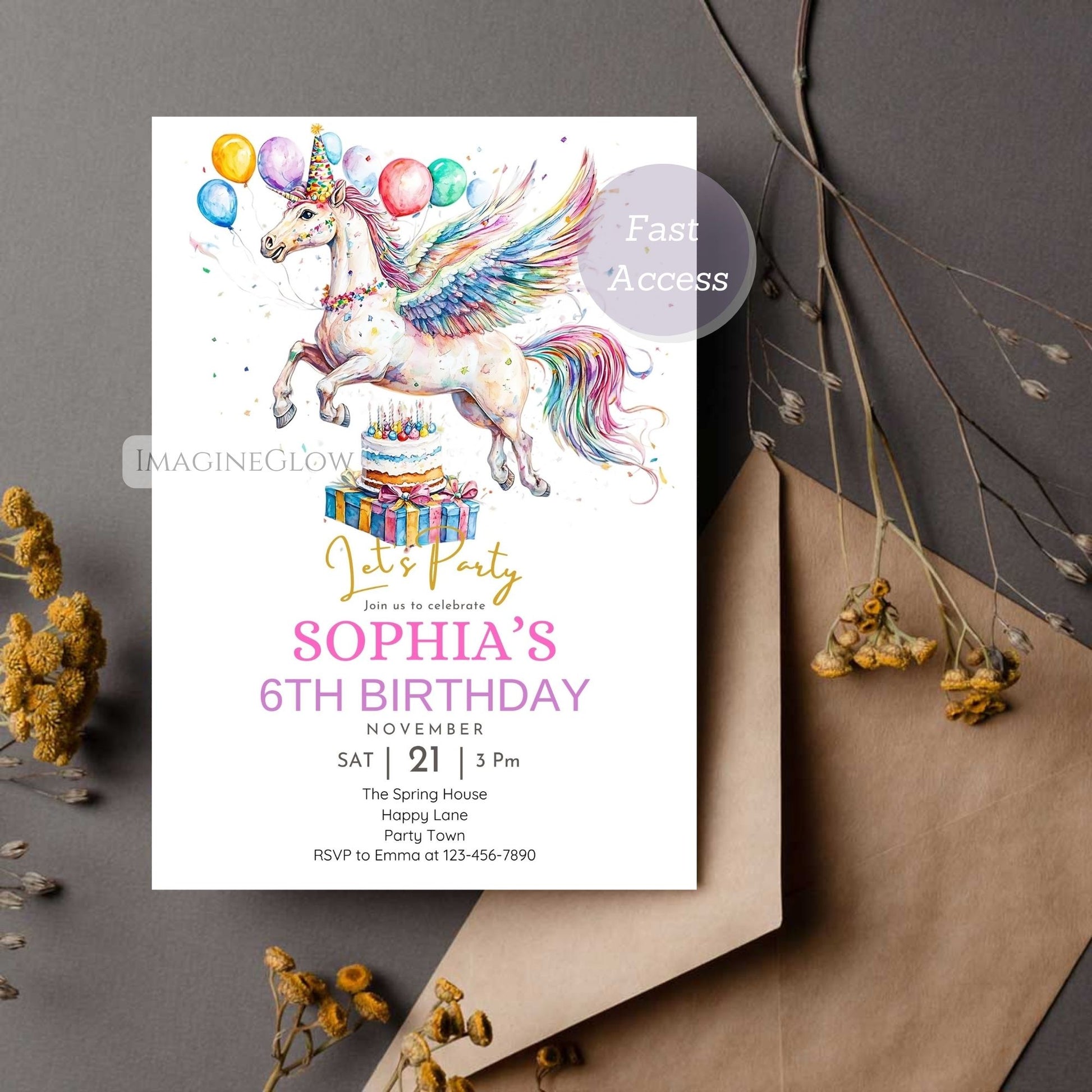 Whimsical Pegasus themed birthday invitation editable
