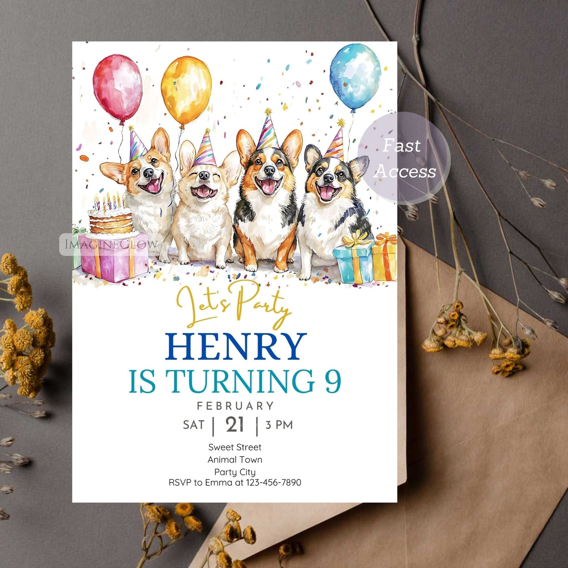 Four Corgis birthday party invitation for dog lovers.
Customizable dog birthday invitation featuring Corgis.
Canva-editable Corgi puppy party invitation.