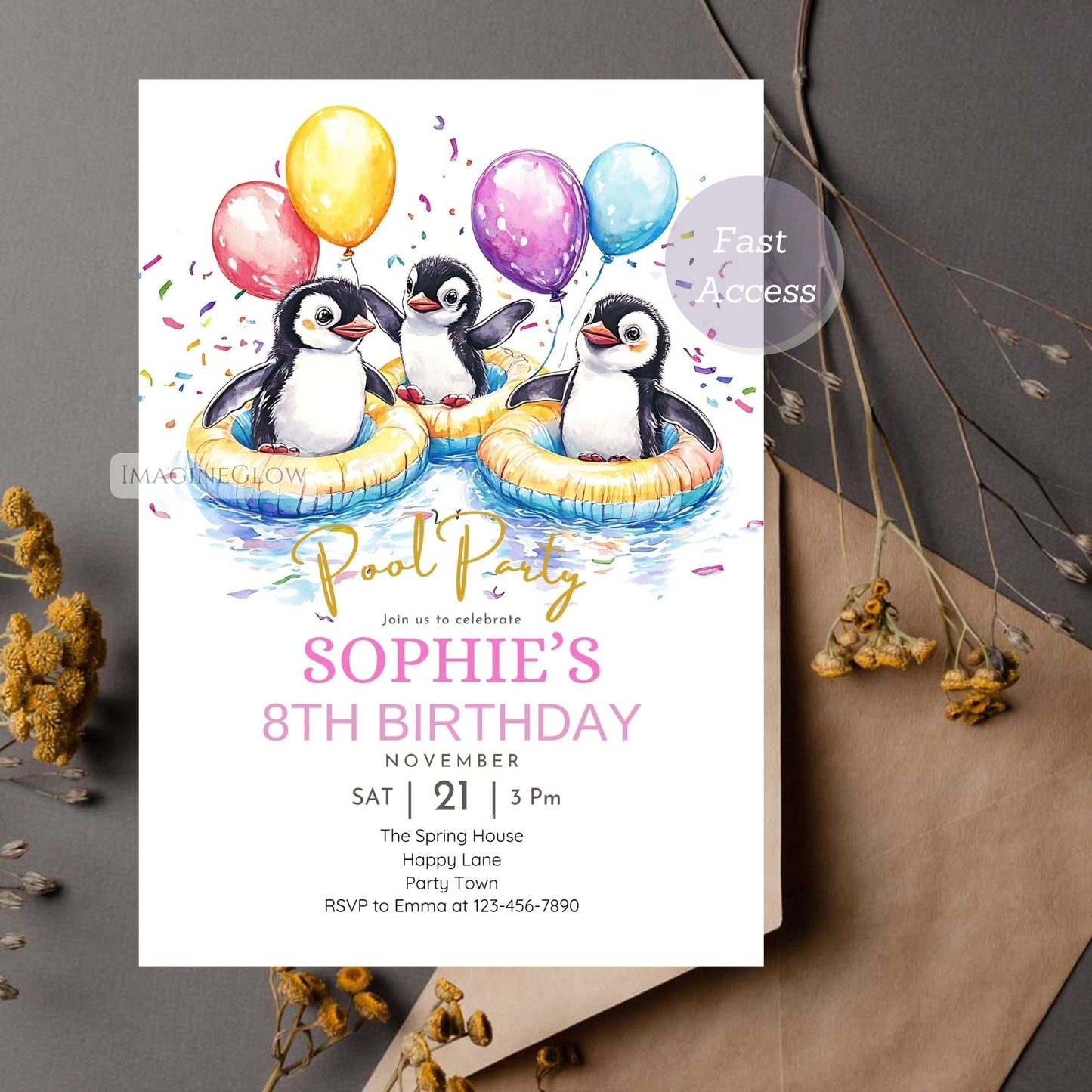 Beach and pool-themed birthday invitation featuring a penguin.