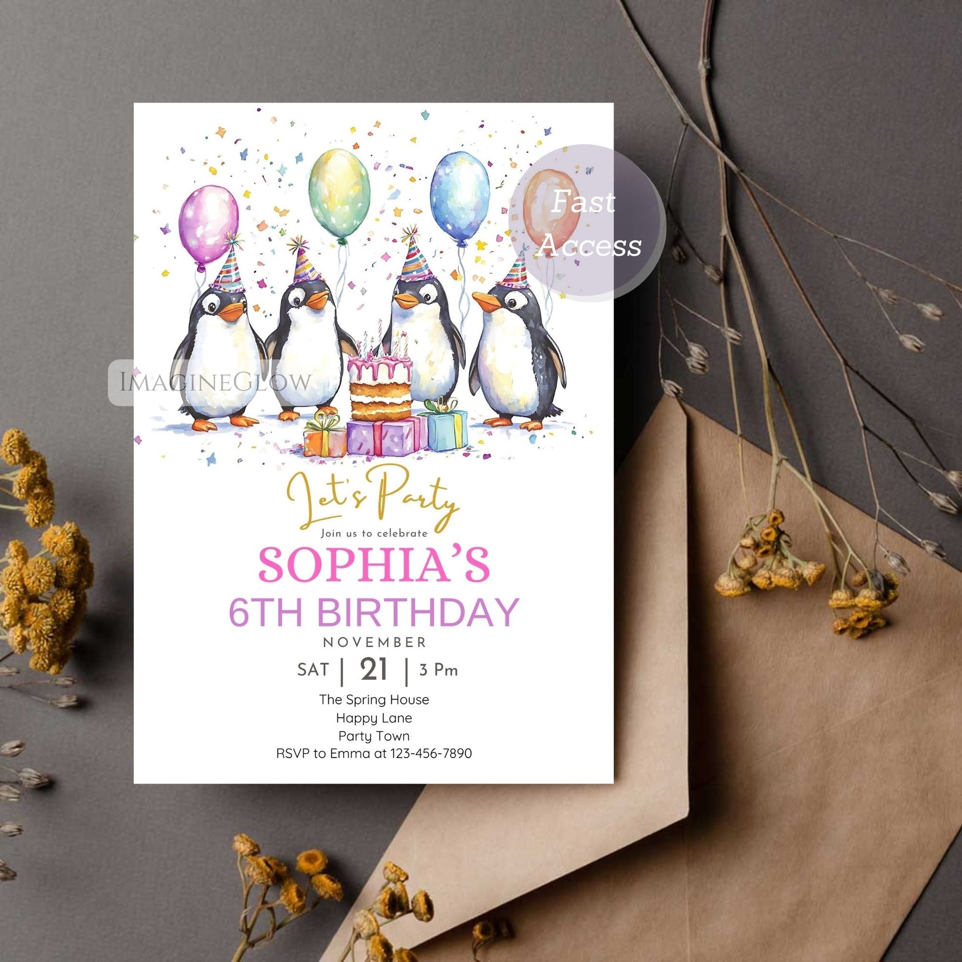 Penguin birthday card with snowflakes