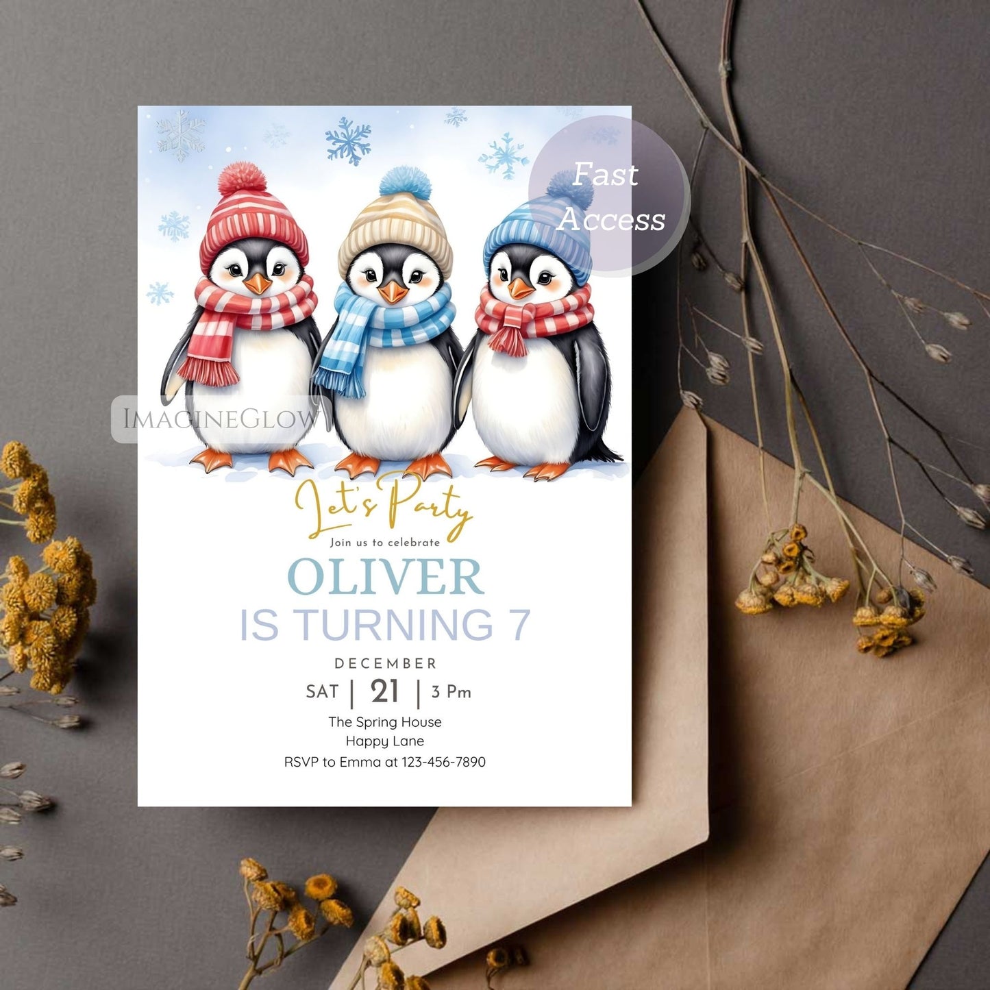 Birthday invitation card with penguins on a gray background