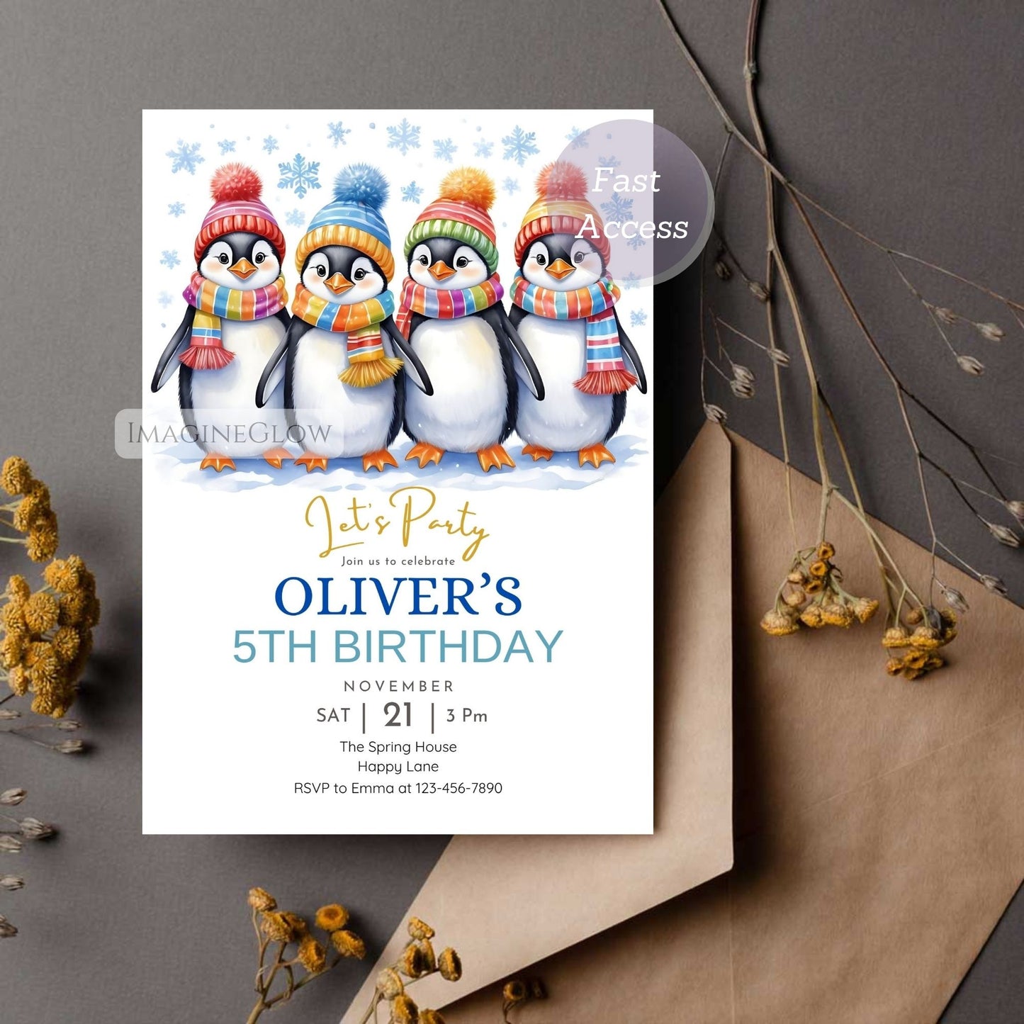 Birthday invitation card with penguins wearing colorful hats and scarves on a gray background.