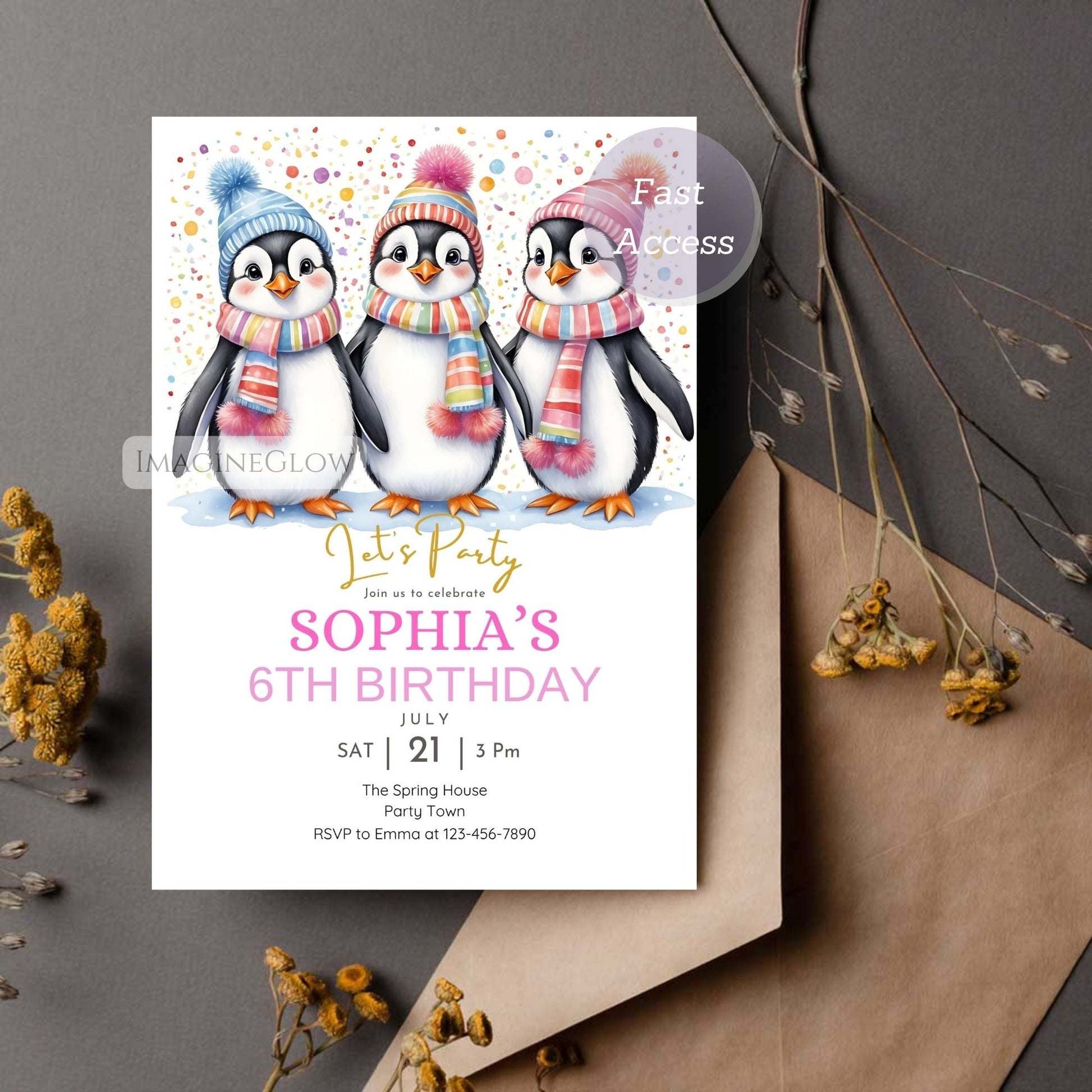 customizable penguin birthday party card template