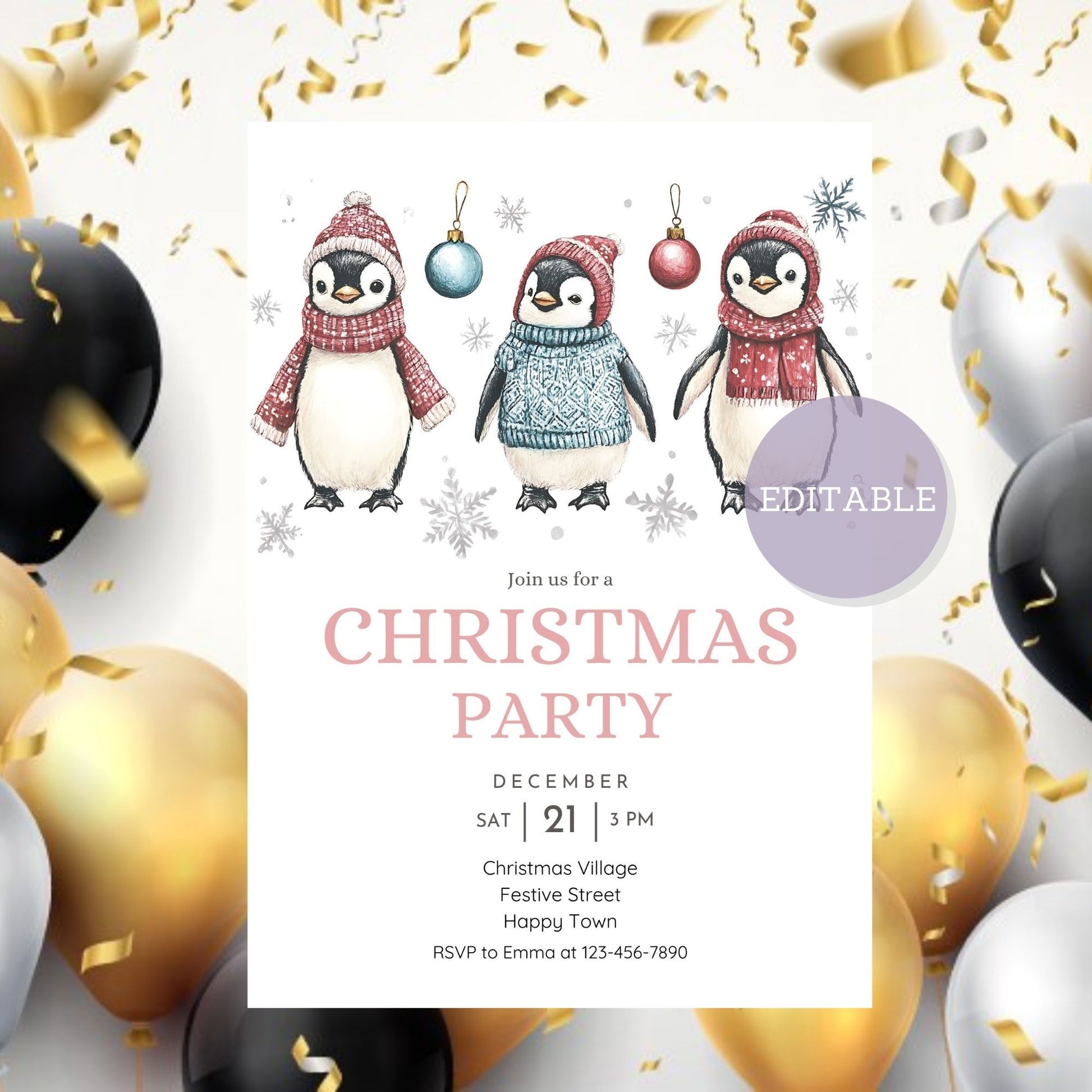 Printable winter holiday invitation featuring a penguin theme.