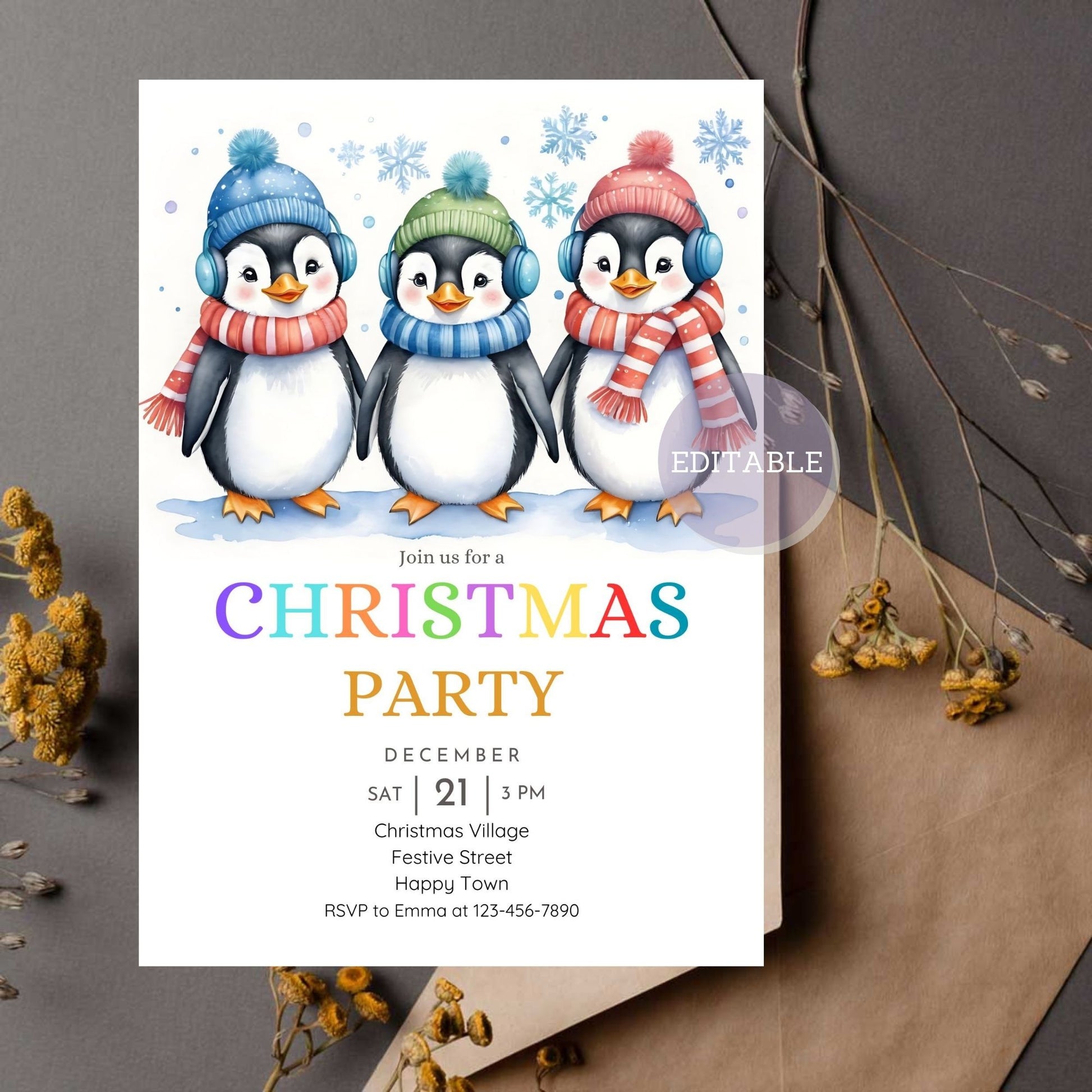 Editable Christmas card with whimsical penguin artwork.
