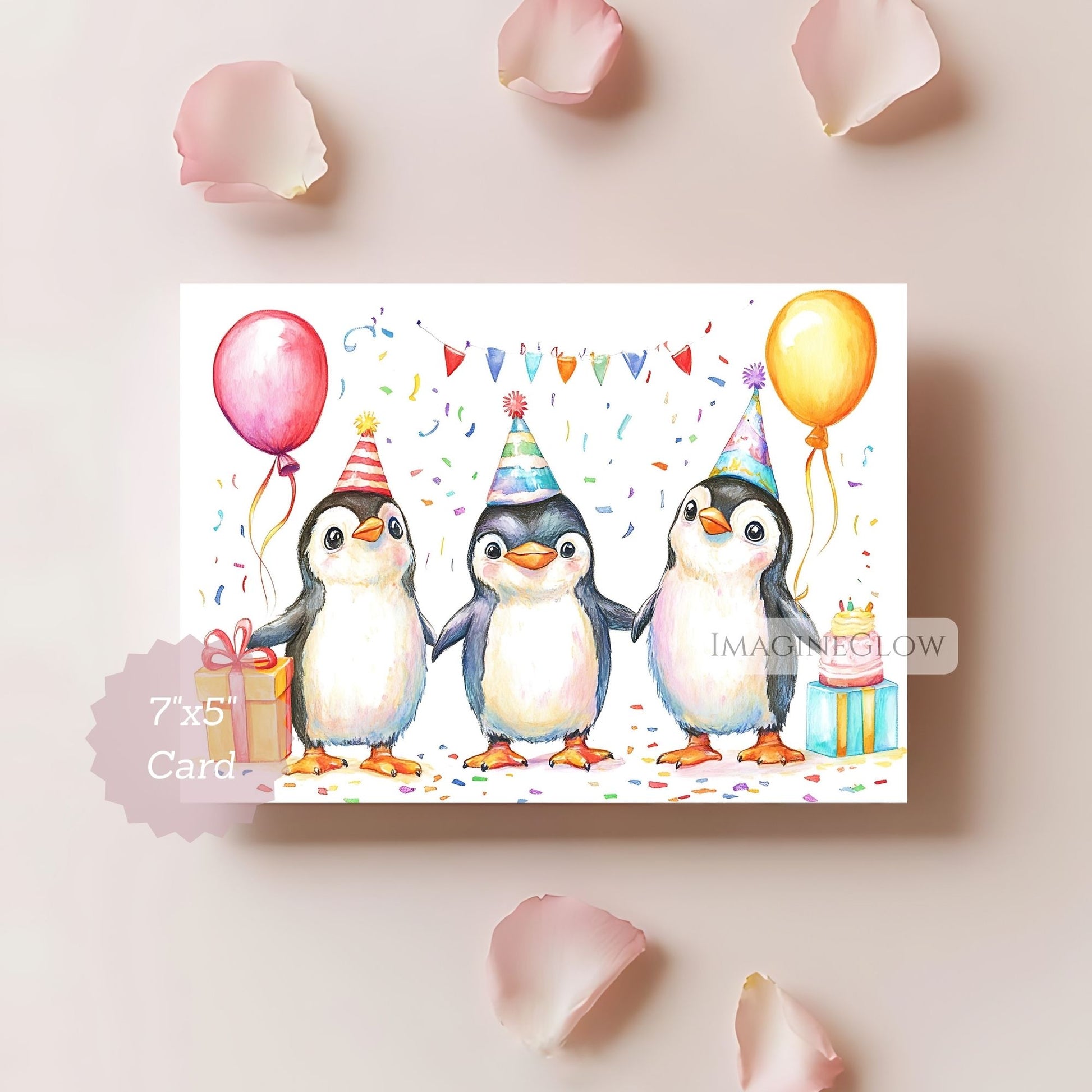 Card with three penguins wearing party hats and balloons on a light background.