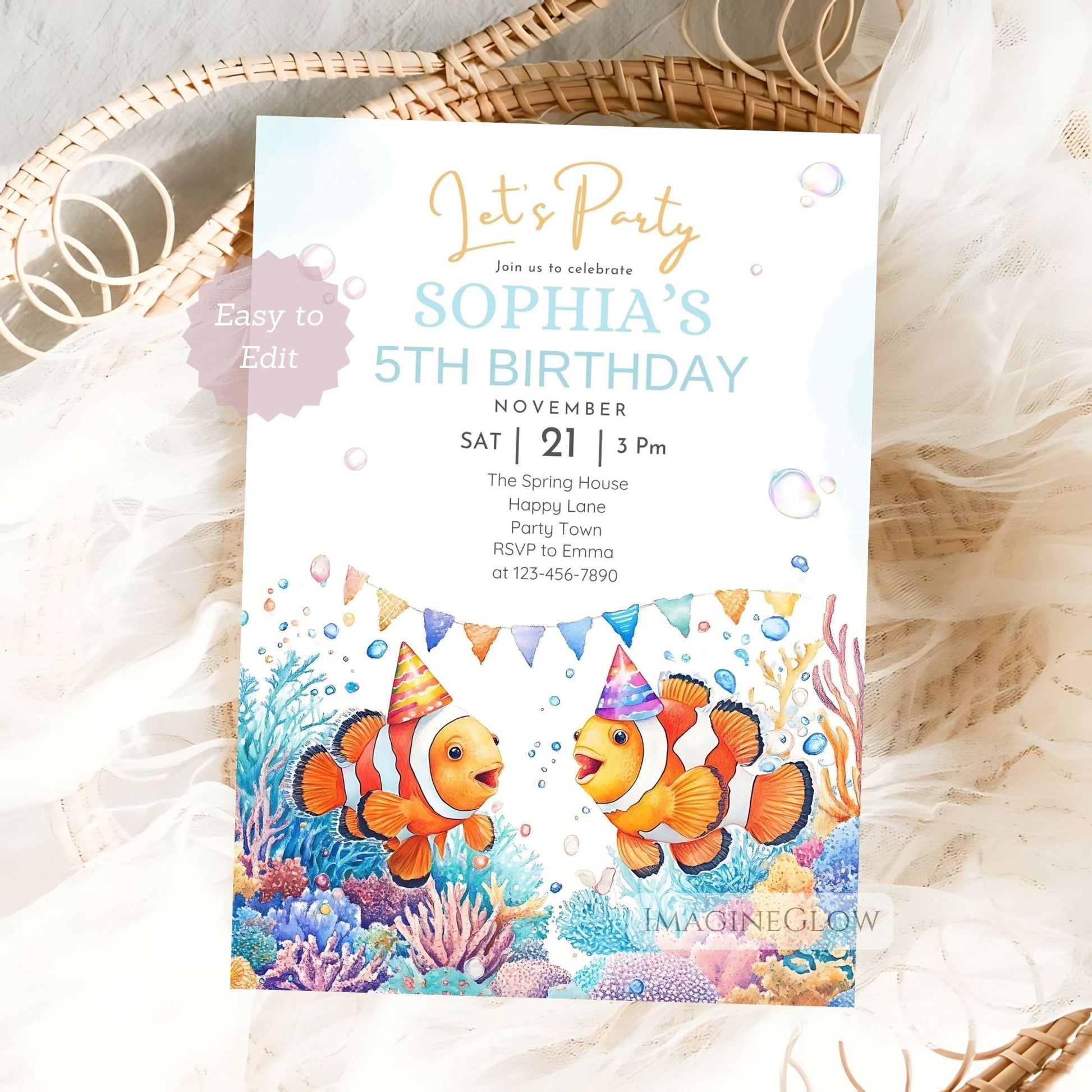 Clownfish birthday invitation editable in Canva