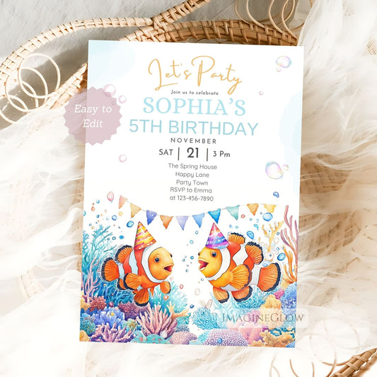 Clownfish birthday invitation editable in Canva