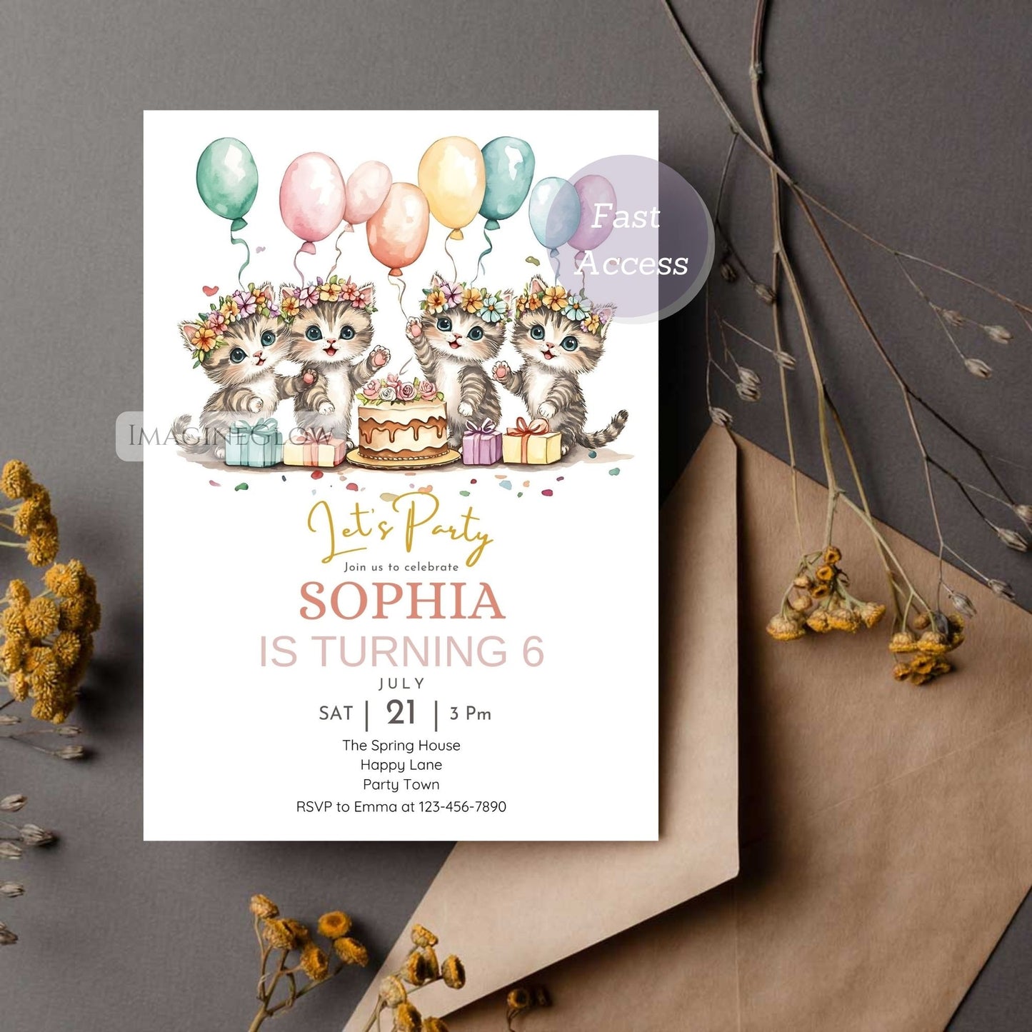 Personalized floral cat birthday invitation
