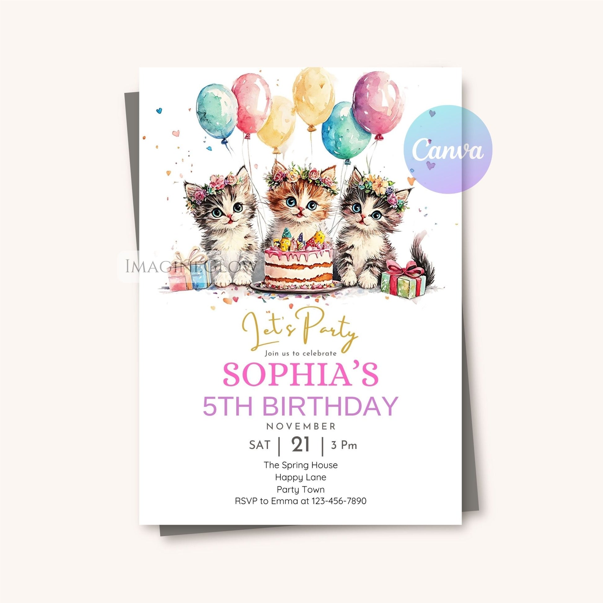 Cute kitten birthday party invitation with flowers
