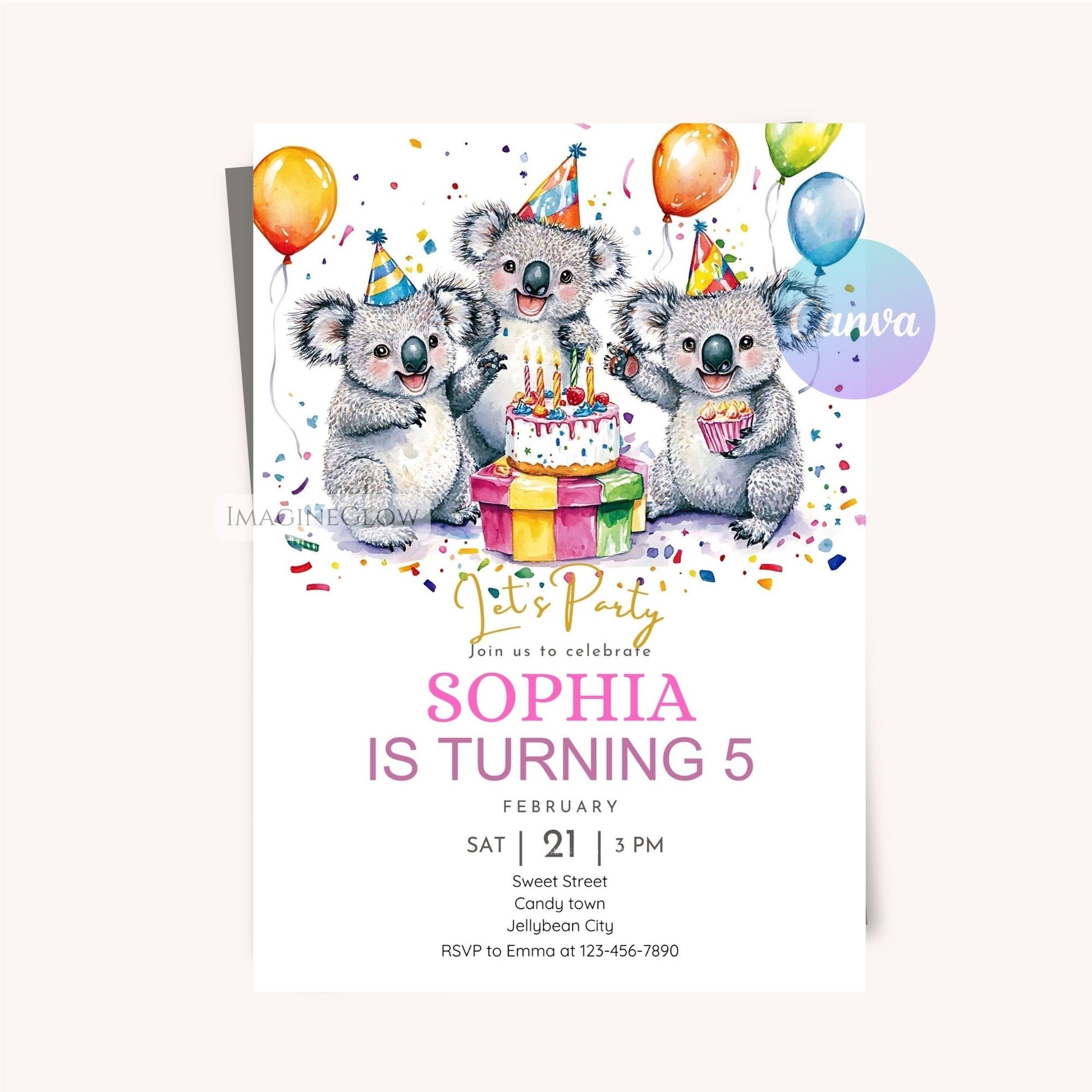 Cute Jungle Koala Birthday Invitation - Instant Download