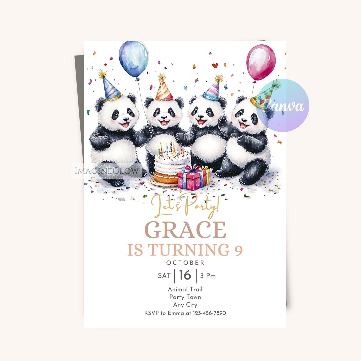 Cute Panda Bear Birthday Invitation - Instant Download