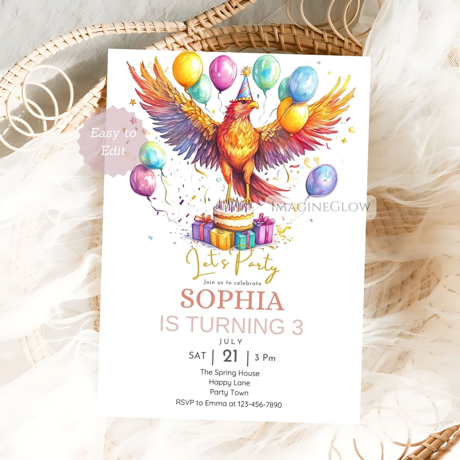 Instant download phoenix birthday invitation
Bold phoenix fire themed birthday party invite