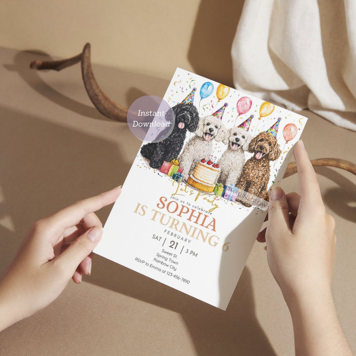 Printable four Poodle birthday party invitation