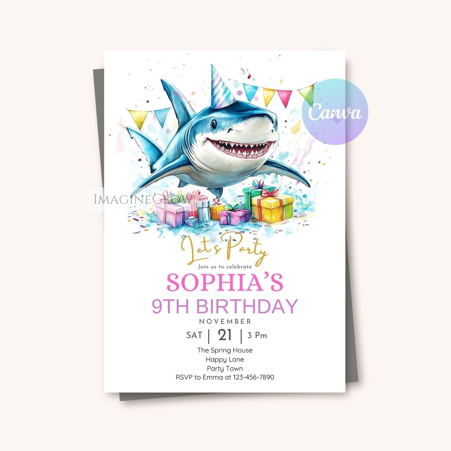 Shark themed birthday party invitation editable