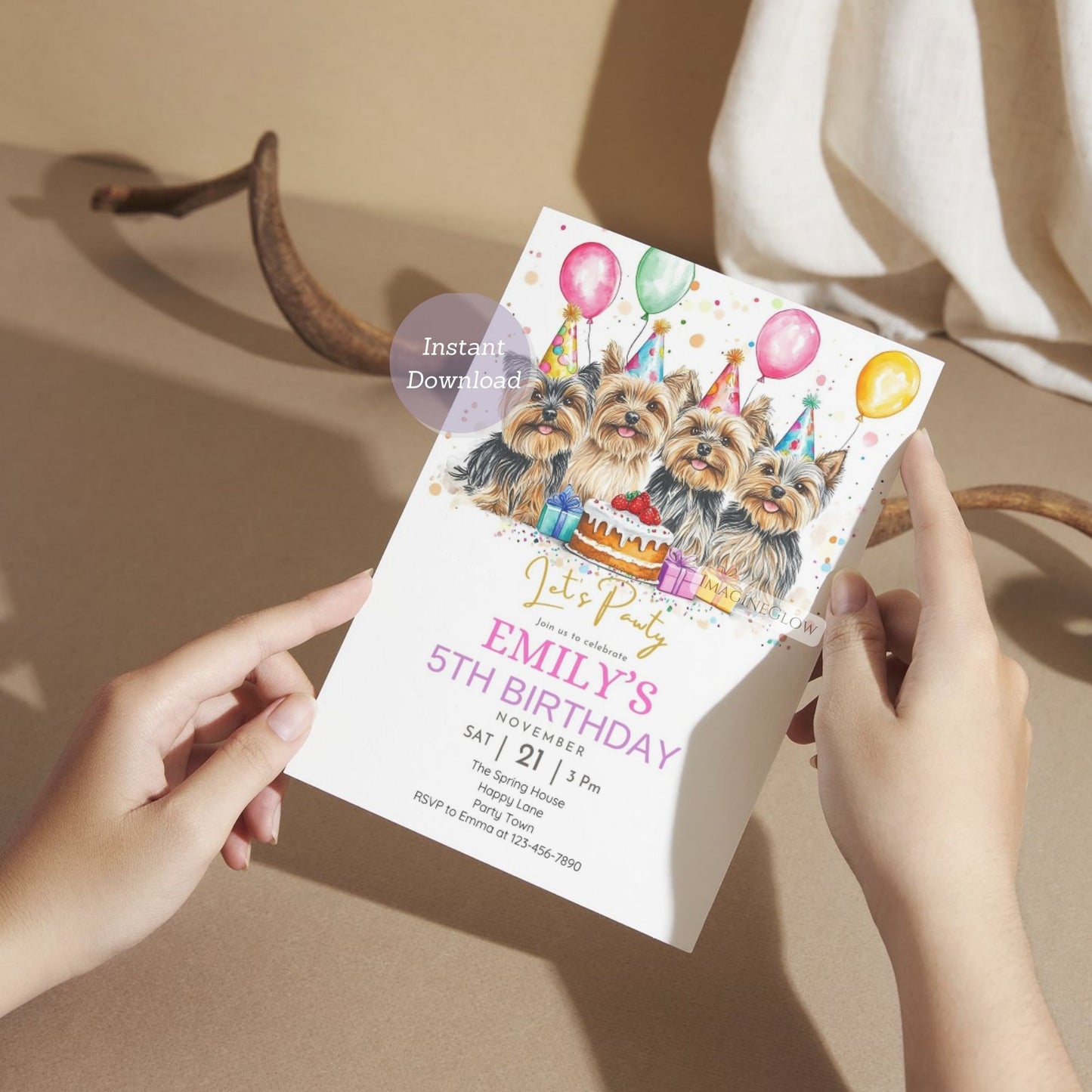 Cute Yorkshire Terrier puppy-themed birthday invitation