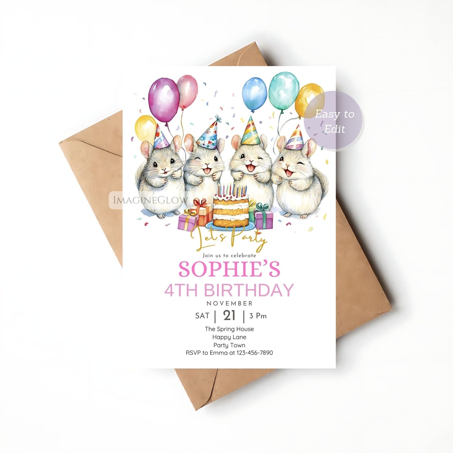 Cute chinchilla-themed birthday party invite