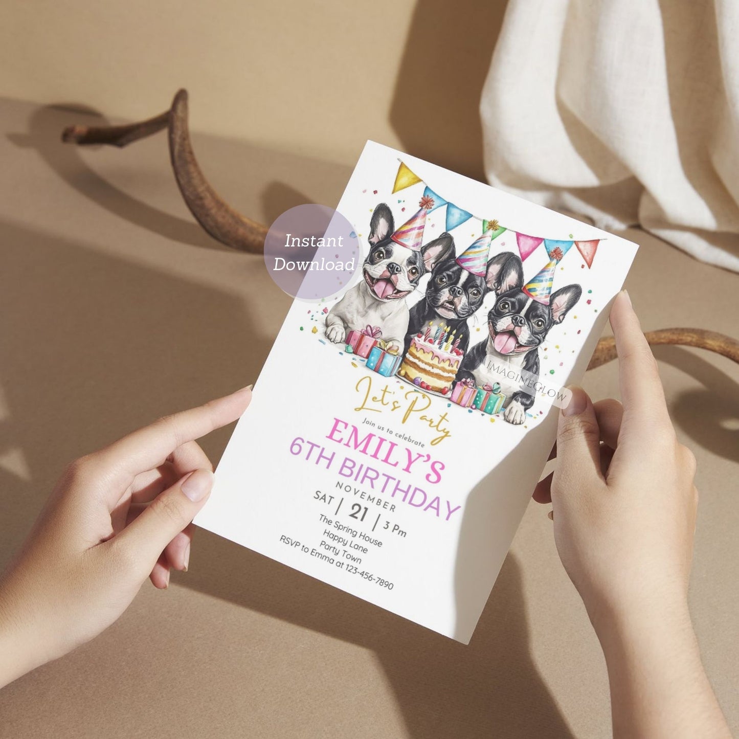 Dog lovers' party invitation with three Boston Terriers.