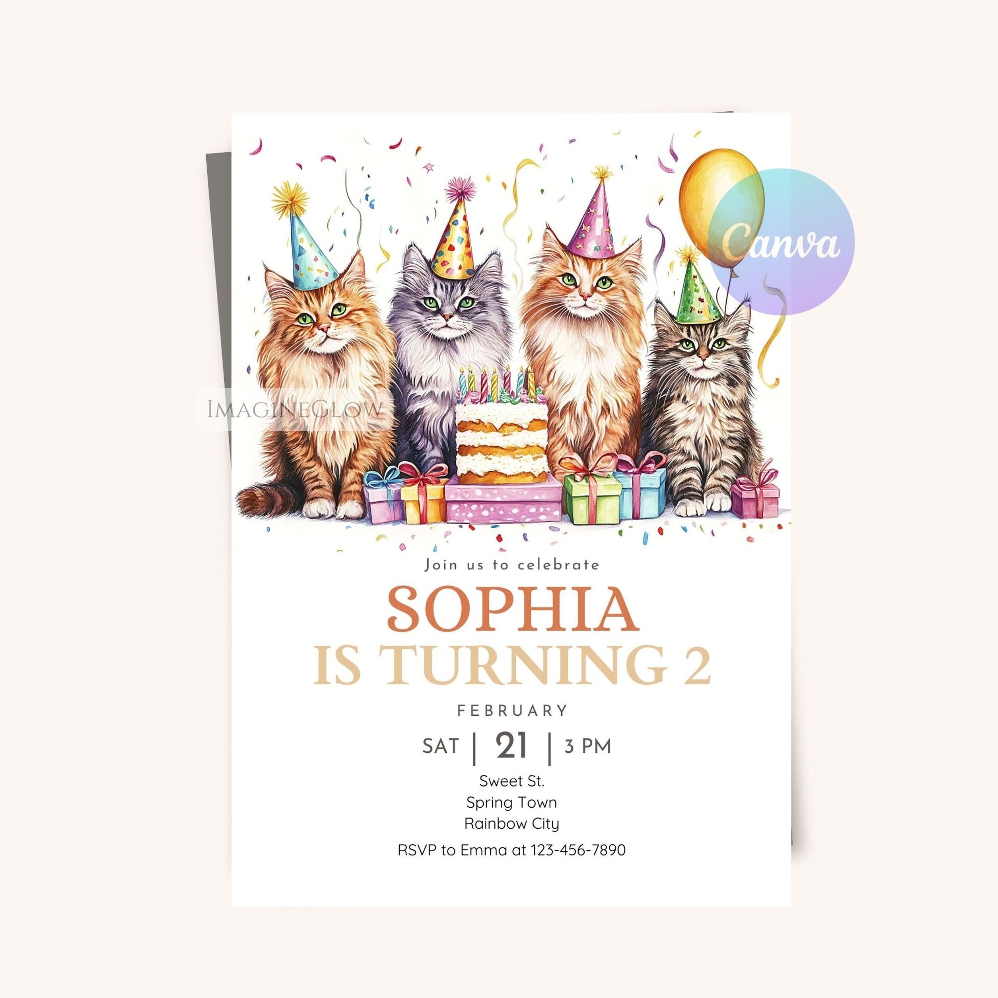 Printable Maine Coon cat birthday party invite
Cute Maine Coon cat birthday invitation design
