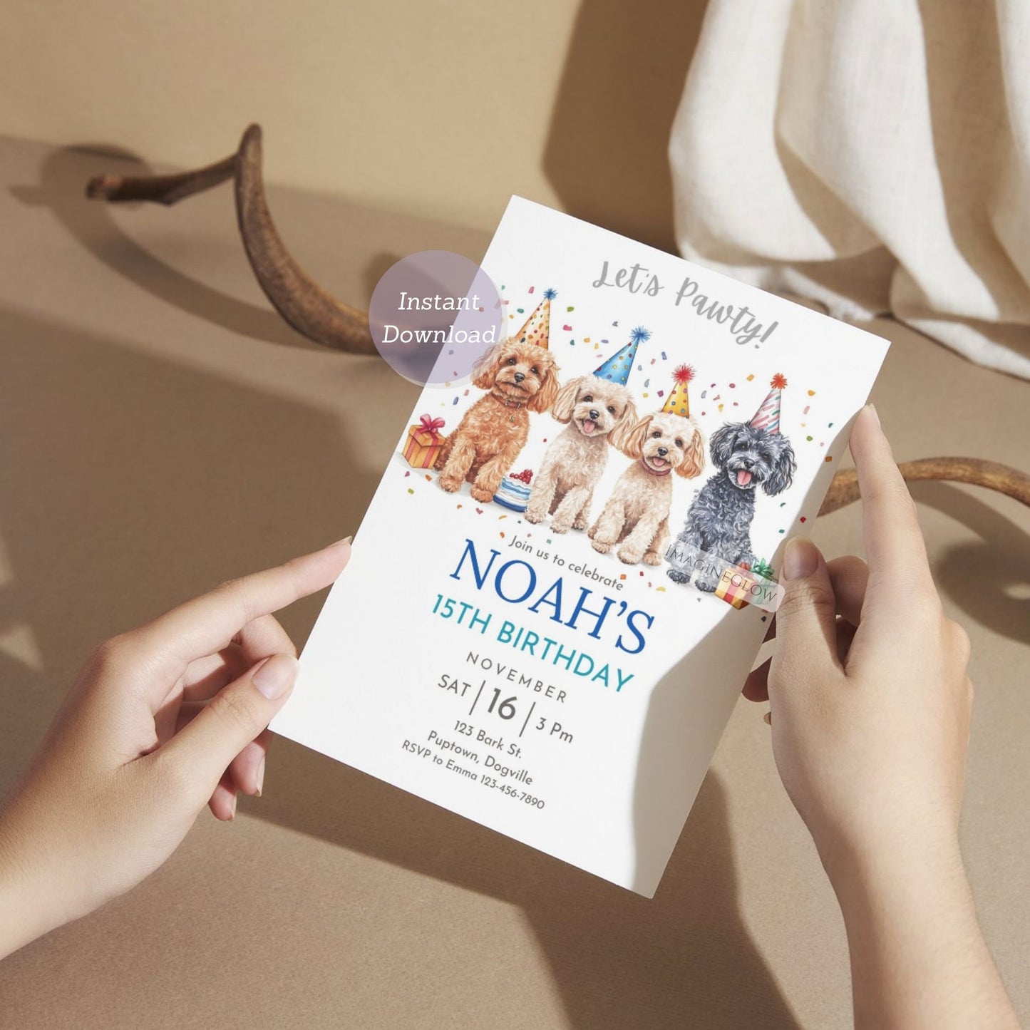 Puppy-themed birthday card for a Toy Poodle party.
Canva-editable dog birthday party invitation.